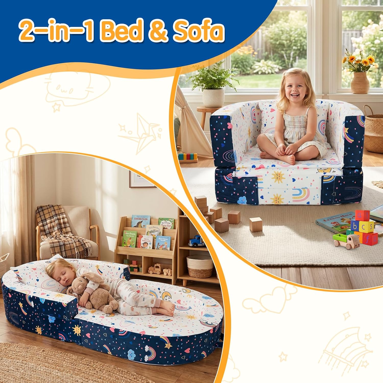 2-in-1 Toddler Travel Bed, Portable Foldable Toddler Floor Bed Converts to Soft Sofa, Kids Travel Couch with Removable Washable Cover, Ideal for Camping, Picnic, Hotel & Sleepovers - Image 3