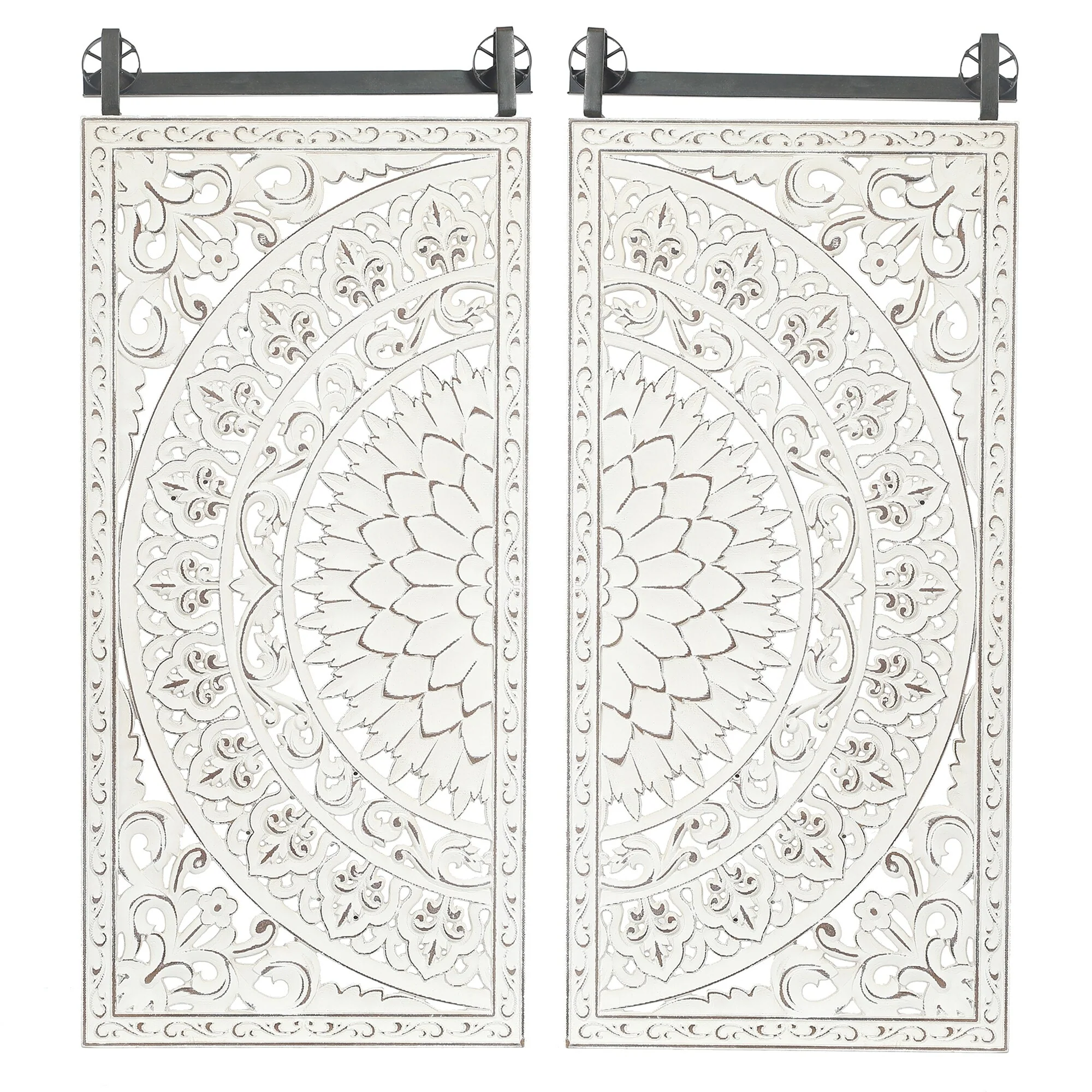 Set of 2 Distressed Ivory White Wood Flower Wall Art with Black Accents - Image 7