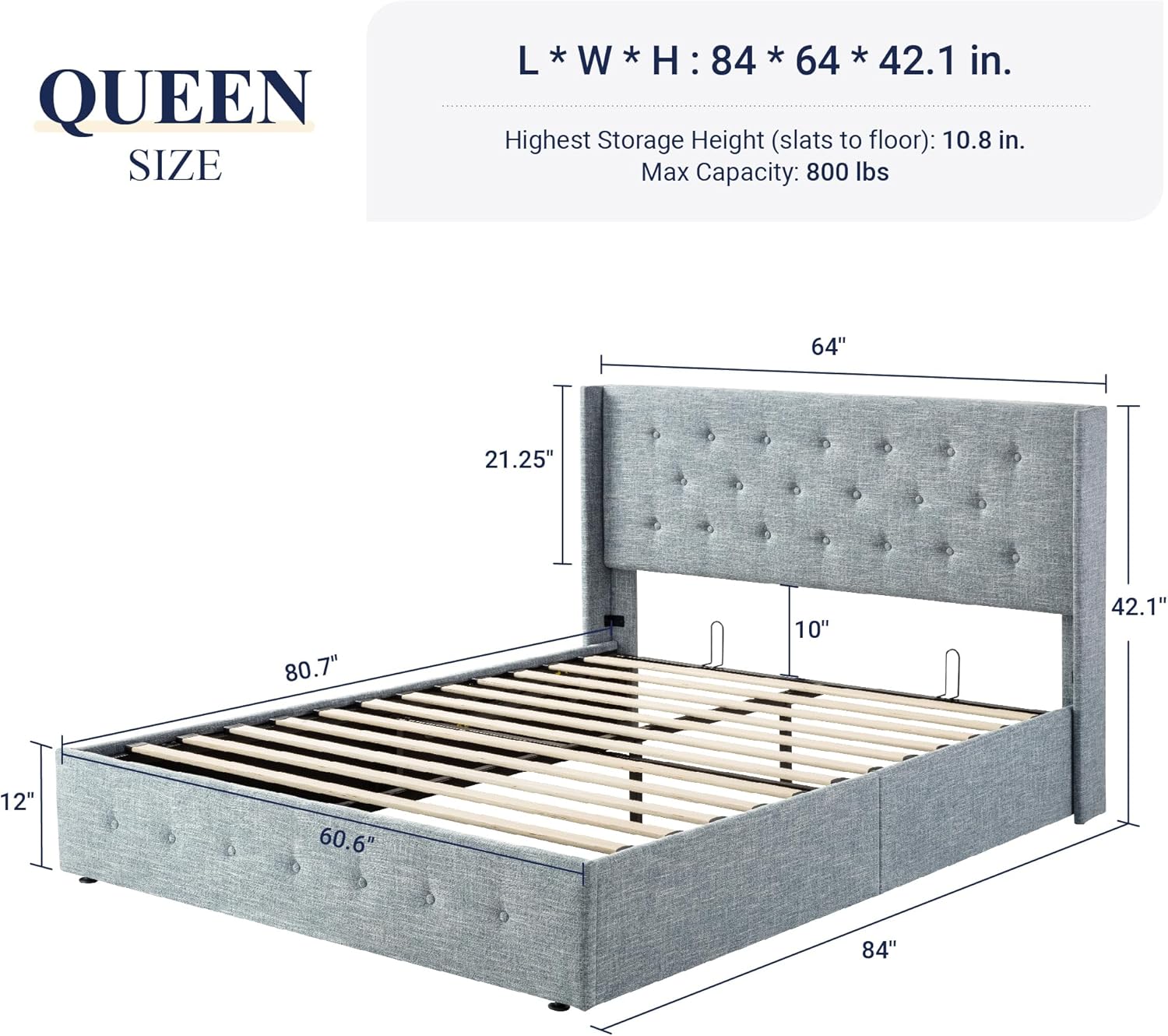 Queen Size Lift Up Storage Bed with Wingback Headboard, Upholstered Platform Bed Frame with Hidden Storage - Image 42