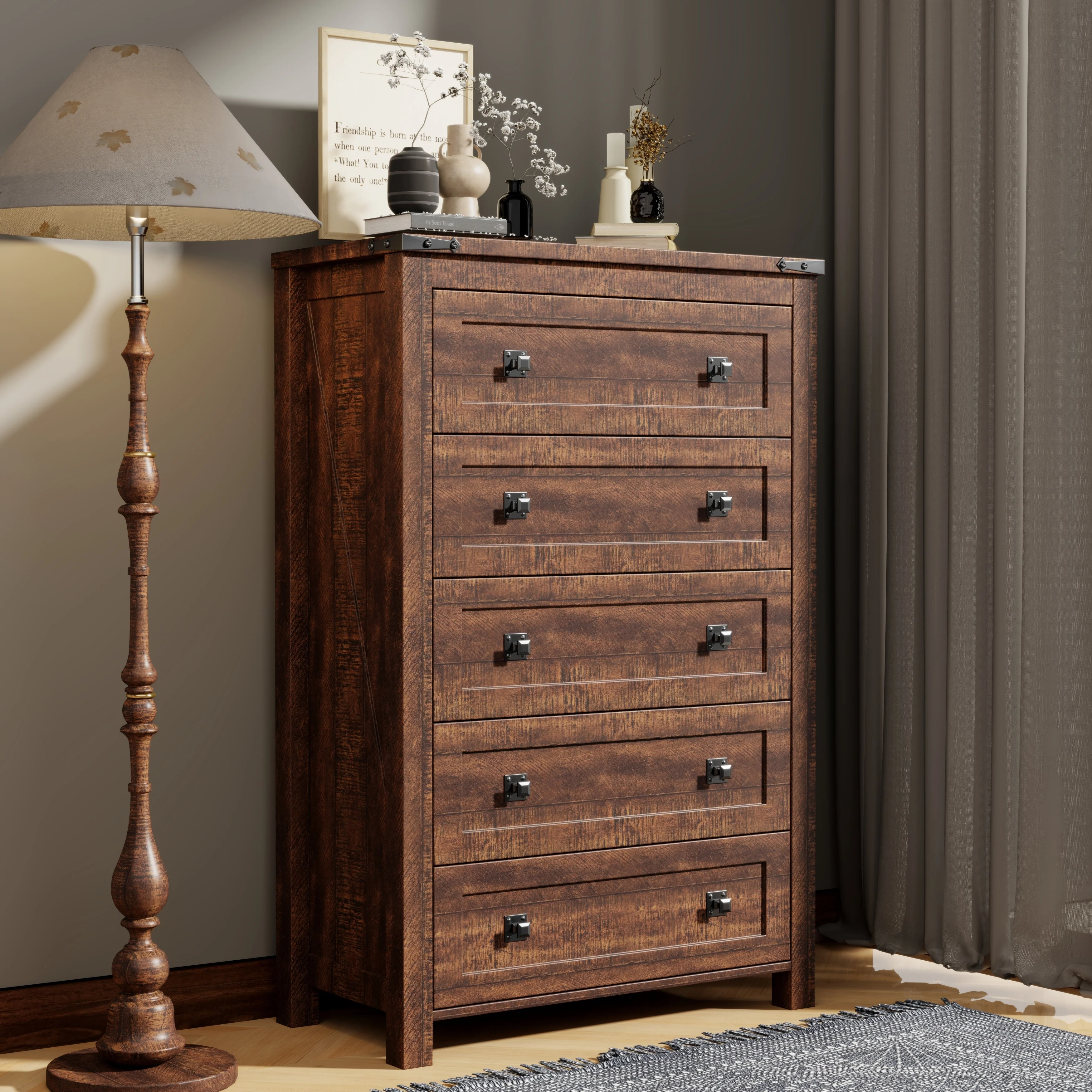 48 Inch Tall Farmhouse Wood Dresser, 5 Drawer Chest of Drawers for Bedroom - Image 4