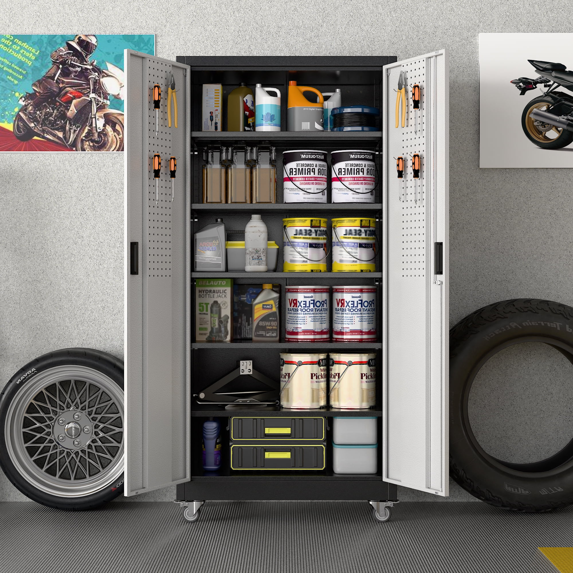 Gaeanet Rolling Tool Storage Cabinet with 5 Adjustable Shelves and Pegboard,Metal Garage Storage Cabinet with Wheels for Garage Home Office Utility Room,71" H-32" W-16" D,Required Assembly, Black - Image 140