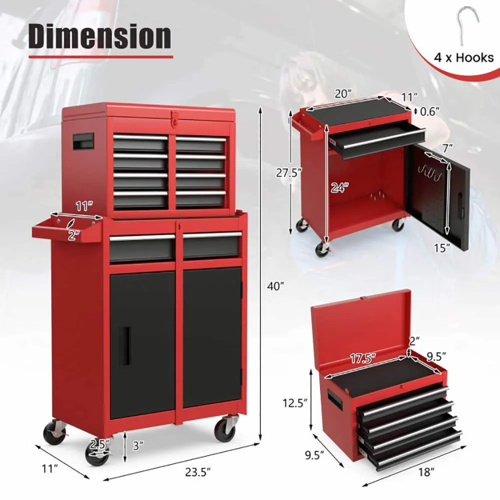 Demifill 2-in-1 Tool Chest and Cabinet with 5 Sliding Drawers, Large Storage Space and Detachable Design, Red - Image 14