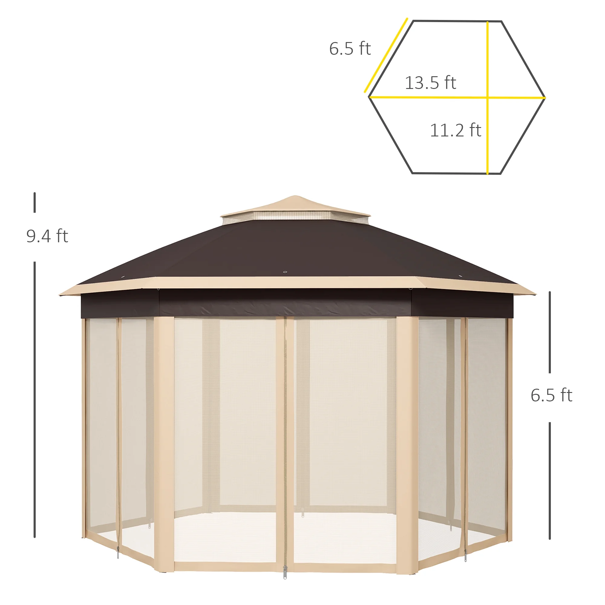 Outsunny 13' x 13' Pop Up Gazebo Hexagonal Canopy with 6 Zippered Mesh Netting, 2-Tier Roof Event Tent with Steel Frame for Patio Backyard, Gray - Image 17