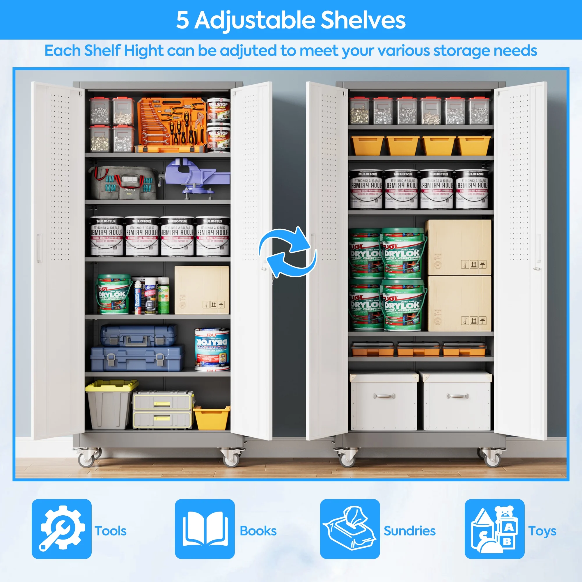 Gaeanet Rolling Tool Storage Cabinet with 5 Adjustable Shelves and Pegboard,Metal Garage Storage Cabinet with Wheels for Garage Home Office Utility Room,71" H-32" W-16" D,Required Assembly, Black - Image 98