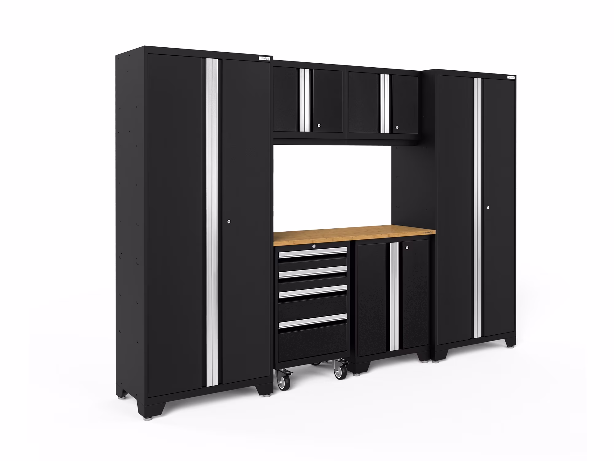 NEWAGE PRODUCTS INC. Bold Steel 7-Piece Garage Storage Cabinet Set Black with Bamboo Worktop