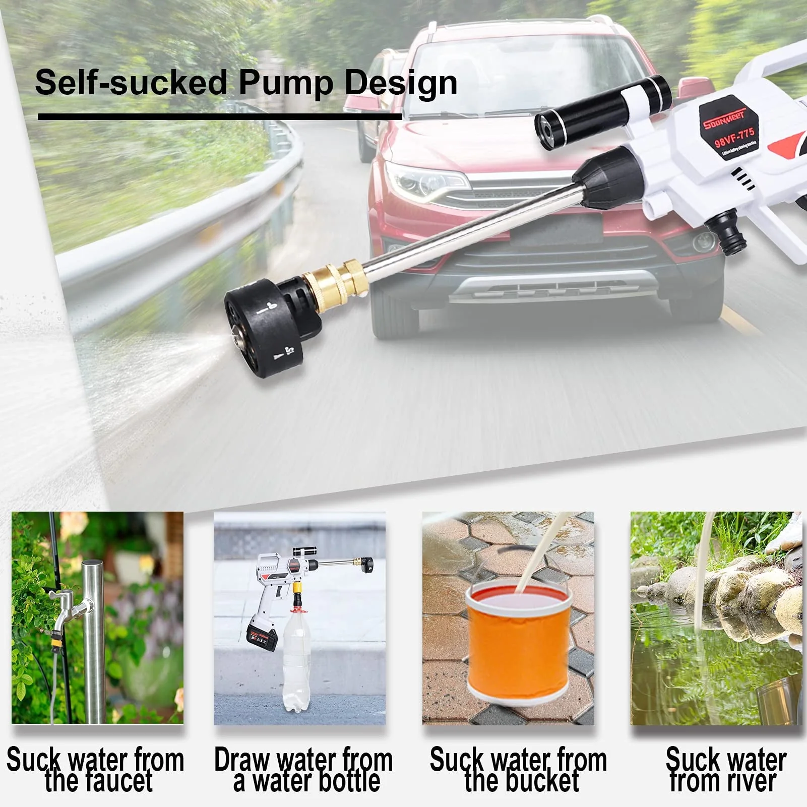 21V Cordless Pressure Washer, Max 870PSI, 2.11GPM, Electric Portable Pressure Washer with 6-in-1 Adjustable Nozzle, Battery and Charger with Accessories for Cleaning Floor Watering Car Flowers Fences - Image 4
