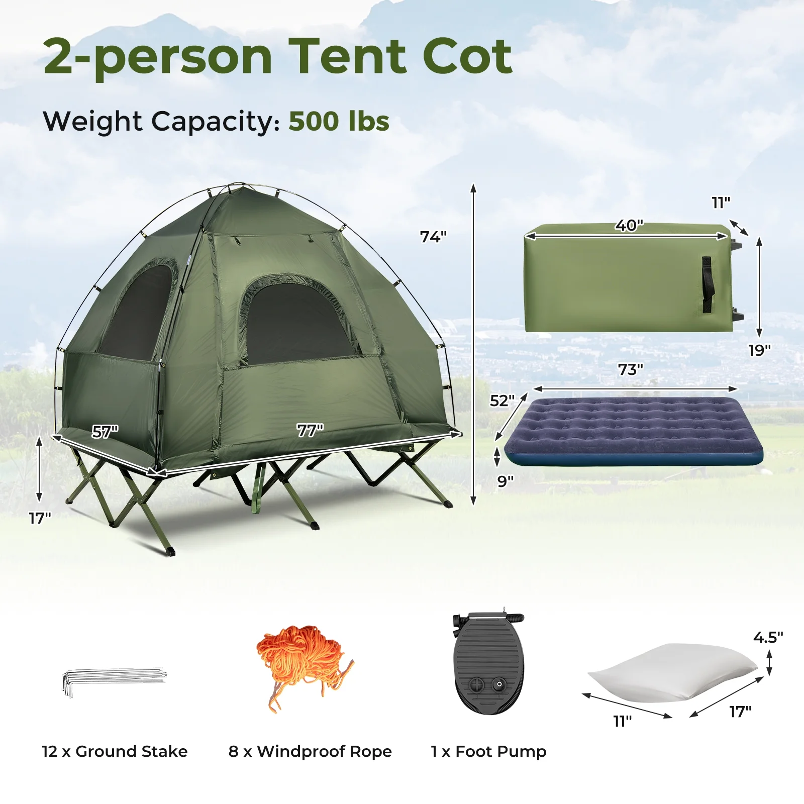 Patiojoy Folding 2-Person Camping Tent Cot Portable Pop-Up Tent with Sleeping Bag&Air Mattress for Outdoor Activity - Image 9