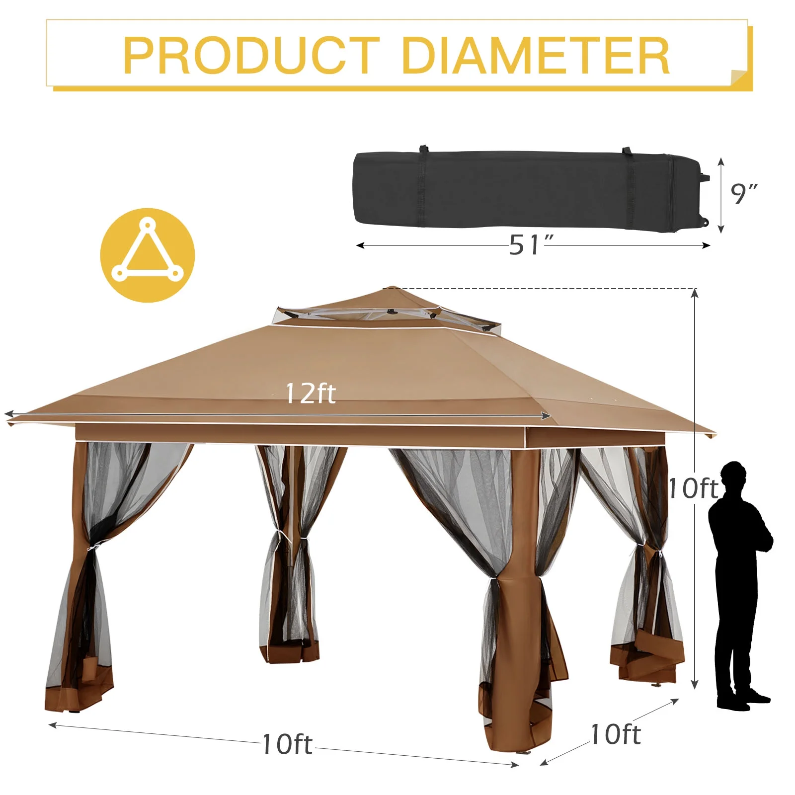 AVAWING 12x12 ft Outdoor Pop-up Canopy Party Tent Easy Setup Patio Wedding Tent, Khaki - Image 93