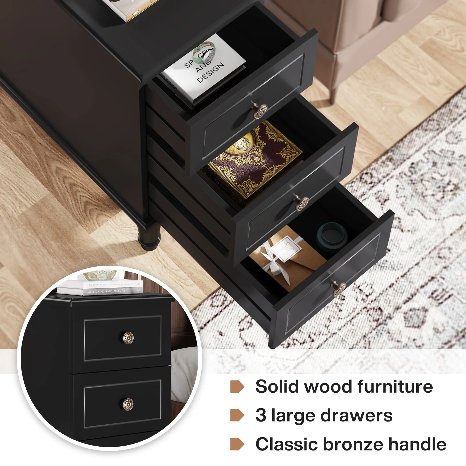 Fully Assembled Narrow End Table, Solid Wood Side Table with 3 Drawers, Vintage Nightstand for Small Spaces - Image 26