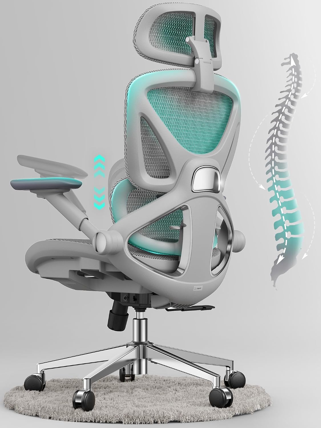 Ergonomic Mesh Office Chair, Adjustable Lumbar High Back Desk Chair 400lbs, 4D Flip-up Arms, 3-Level Tilt Backrest, 3D Headrest, PU Wheels, Swivel Rolling Computer Seating for Long Desk Work - Image 2
