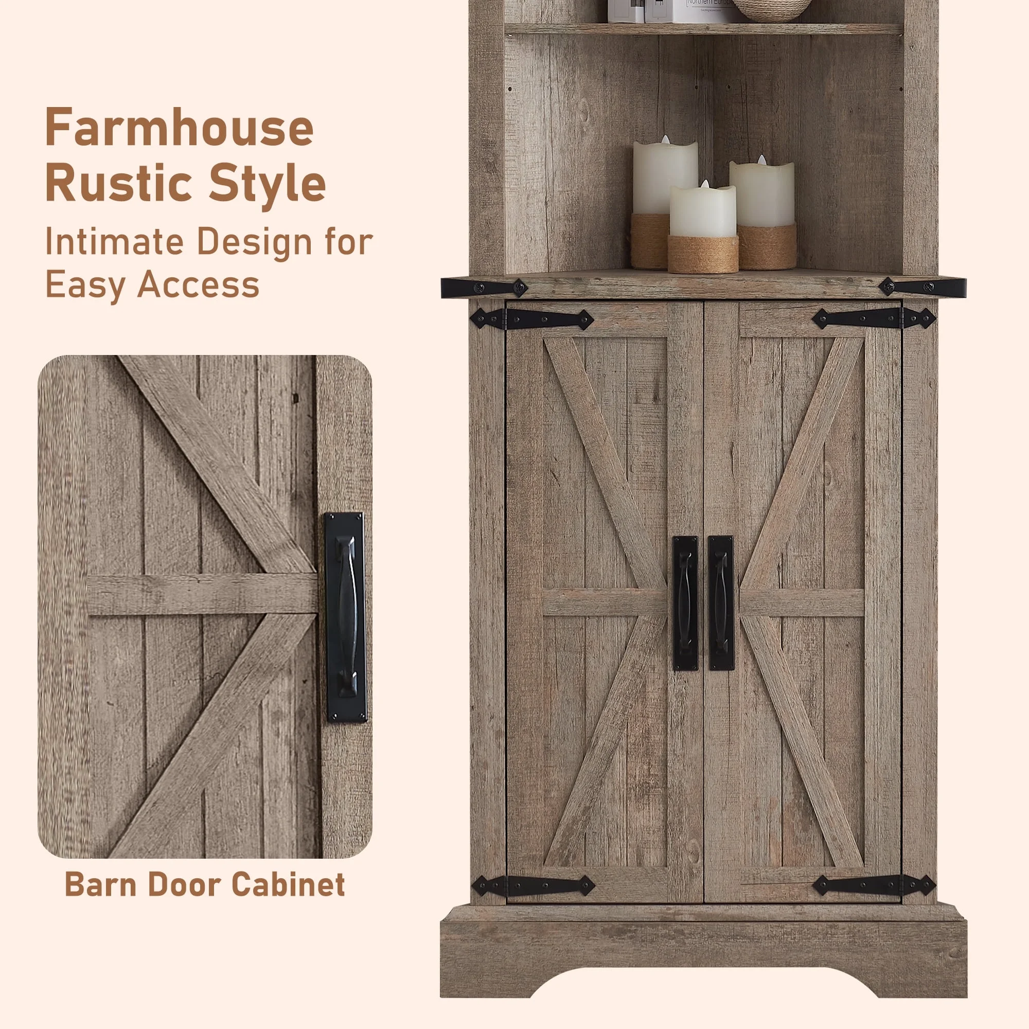 OKD Farmhouse Tall Corner Cabinet with Barn Door & Adjustable Shelves, 68" Rustic Wood Corner Cabinet with Storage Cabinet for Bathroom, Kitchen, Antique White - Image 20