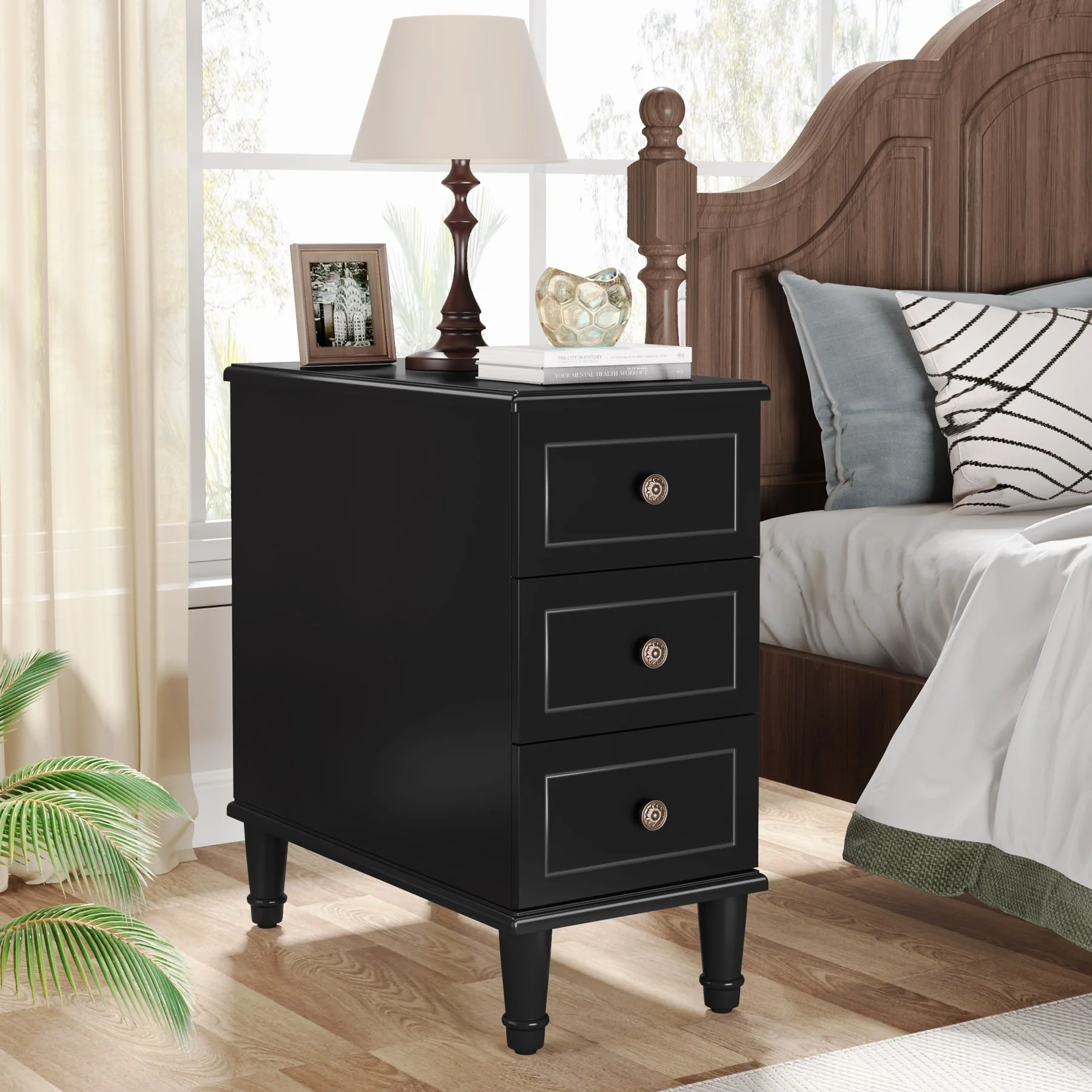 Fully Assembled Narrow End Table, Solid Wood Side Table with 3 Drawers, Vintage Nightstand for Small Spaces - Image 24