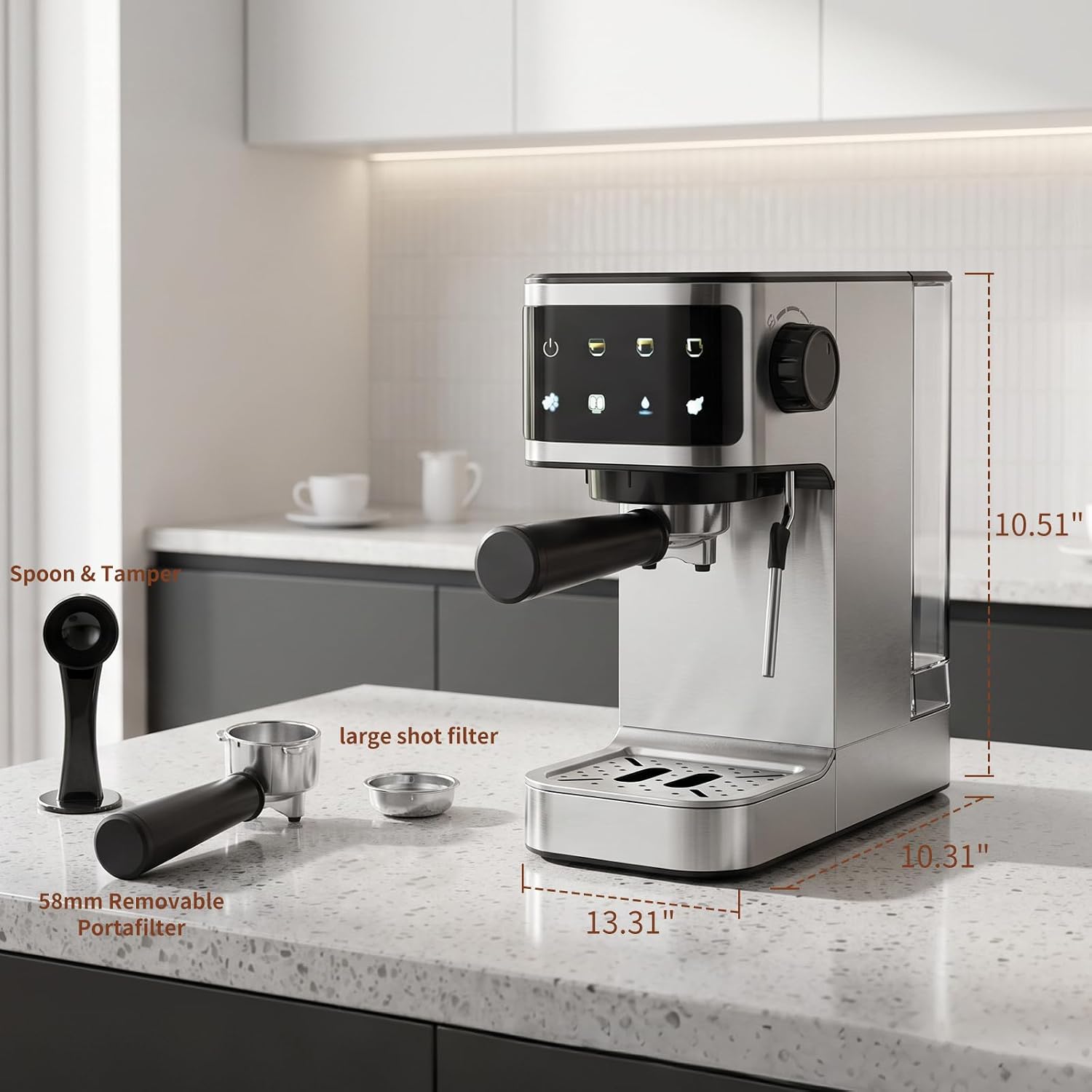 Espresso Machine 20 Bar, 1350W Instant Heating Coffee Maker with Stainless Steel Steam Wand & Touch Color Display, 6-in-1, 1.3L Removable Tank, Compact Stainless Steel - Image 2