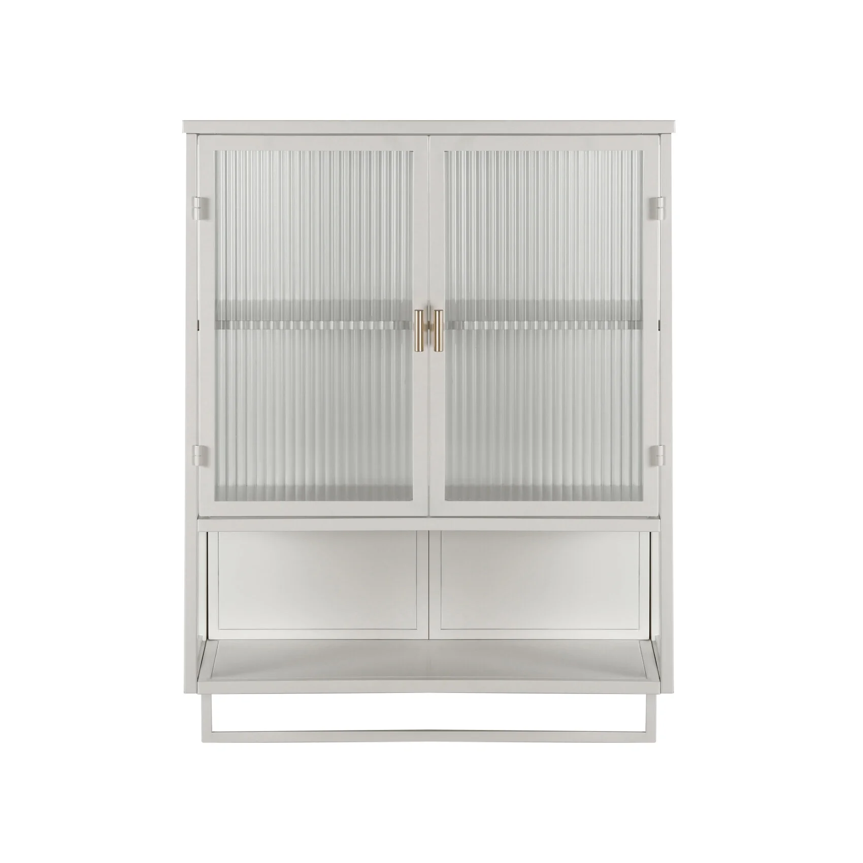 Two-door Wall Cabinet, Modern Kitchen Wall Mounted Cabinet with 2 Glass Doors, Two-tier Enclosed Storage, an Open Shelf, Towel Rack, Metal Wall Cabinet for Entryway, Living Room, Bathroom, White - Image 6