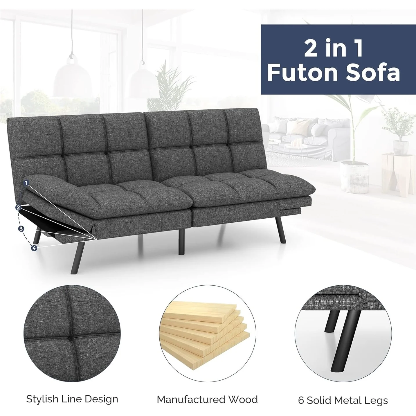 Convertible Futon Sofa Bed with Memory Foam, Foldable Loveseat Sleeper with Adjustable Armrests - Image 12
