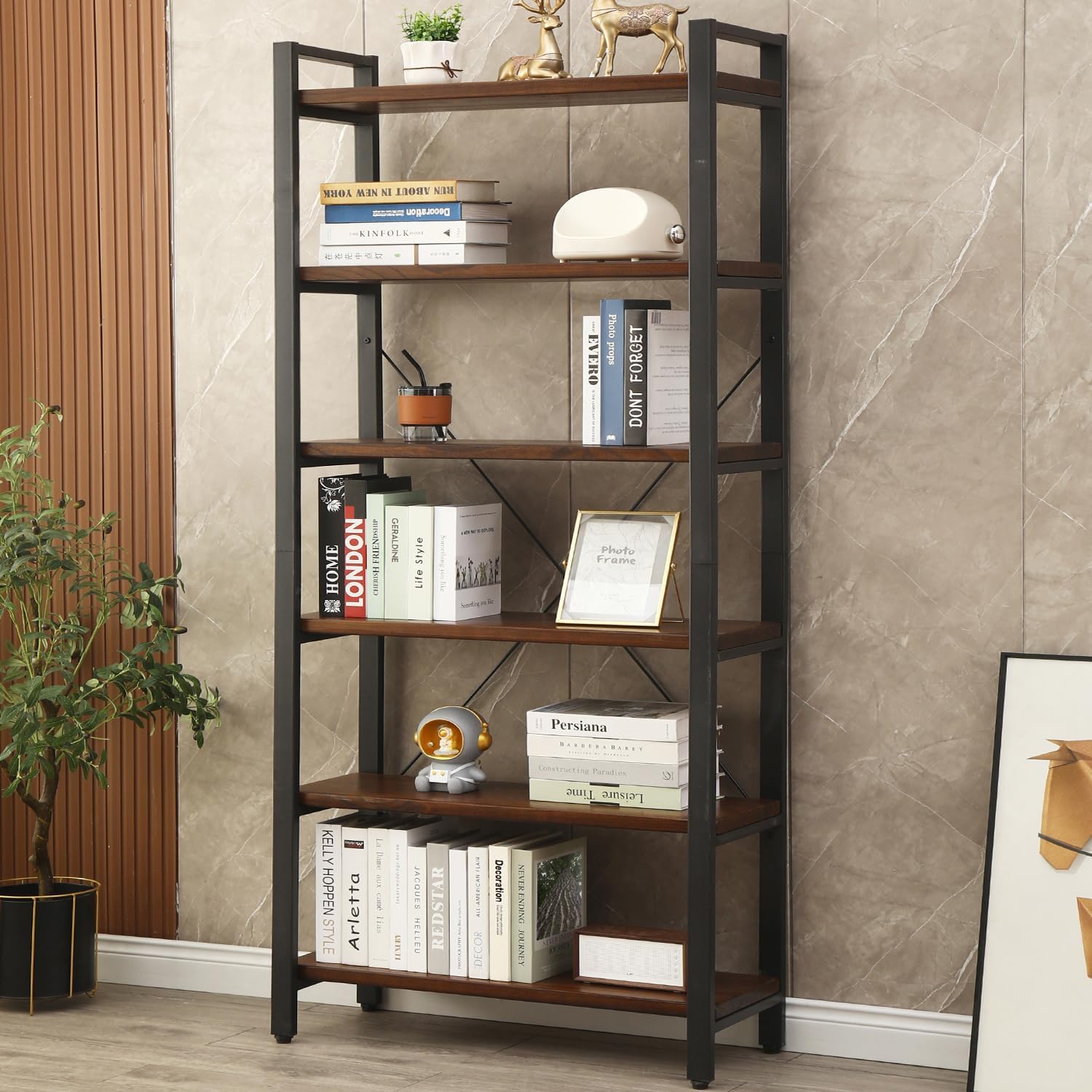 5-Tier Bookcase, Rustic Vintage Industrial Etagere Bookshelf, Solid Wood & Metal Freestanding Bookcase, Retro Brown - Image 3