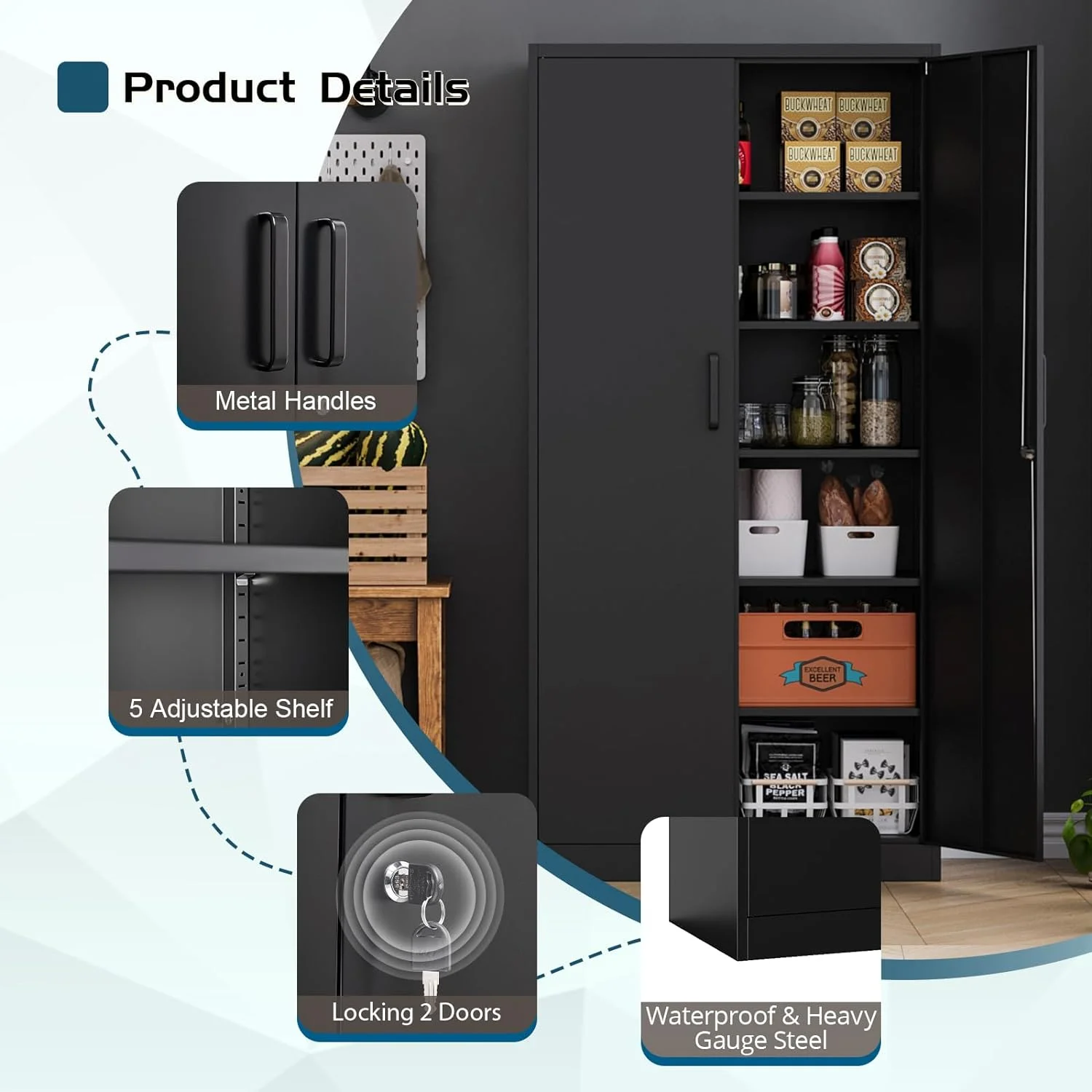 MIIIKO Metal Storage Cabinet with Locking Doors, Black Garage Lockable Steel Cabinets with 4 Doors and 5 Shelves for Home, Garage, Pantry Workshop Warehouse - Image 15