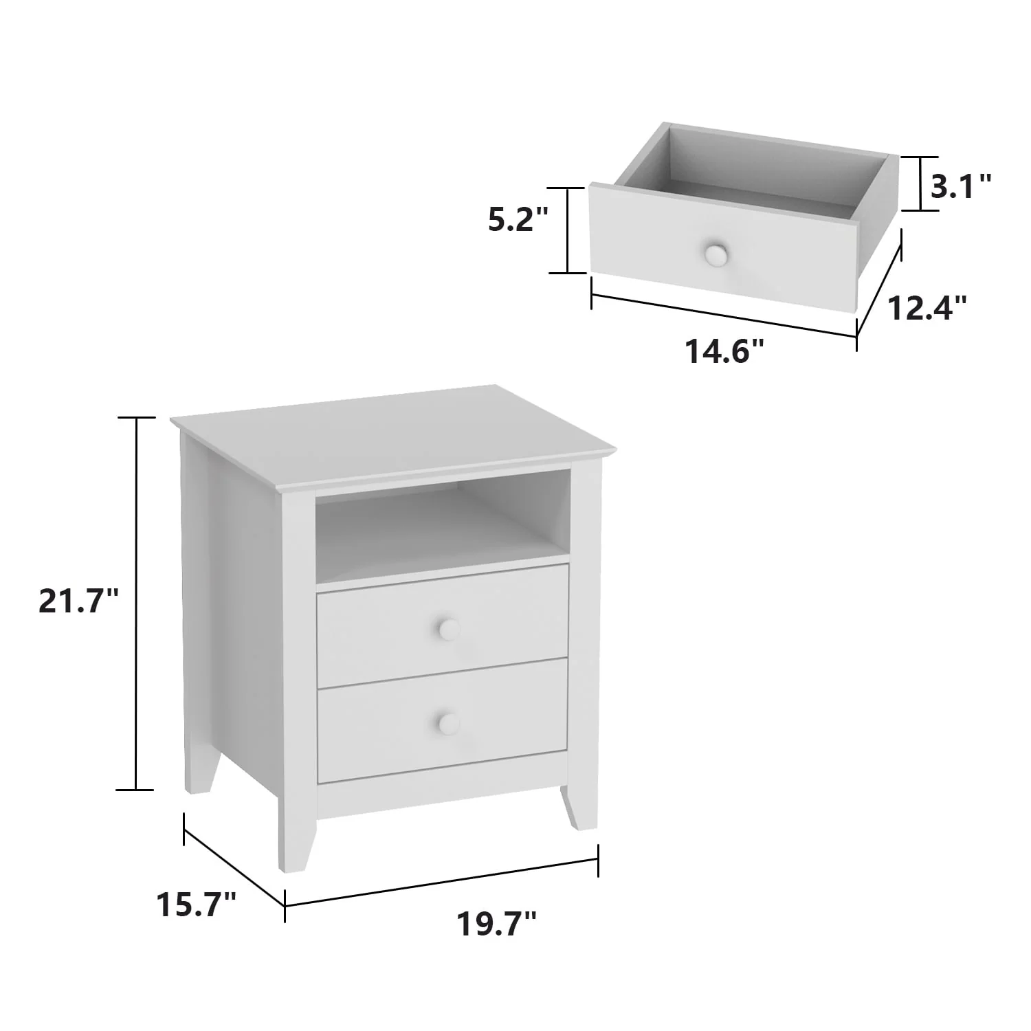 21.7 Inch Tall White Nightstand, 2 Drawers and 1 Open Shelf Bedside End Table - Image 3