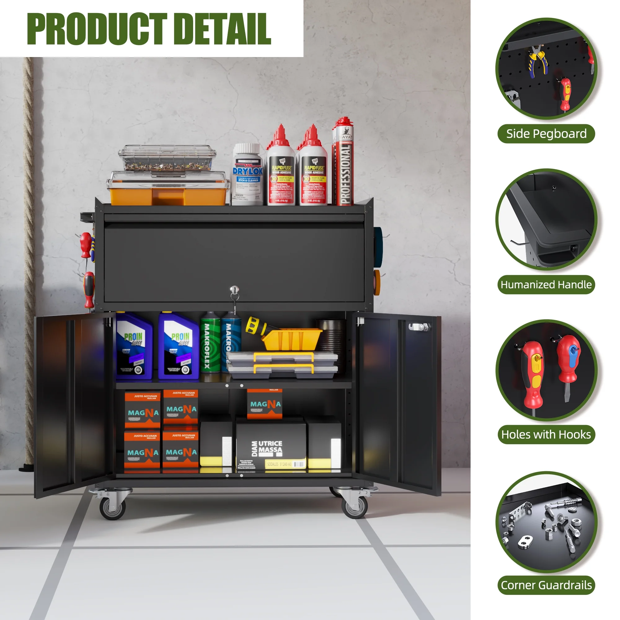 Gaeanet Rolling Tool Storage Cabinet with 5 Adjustable Shelves and Pegboard,Metal Garage Storage Cabinet with Wheels for Garage Home Office Utility Room,71" H-32" W-16" D,Required Assembly, Black - Image 129