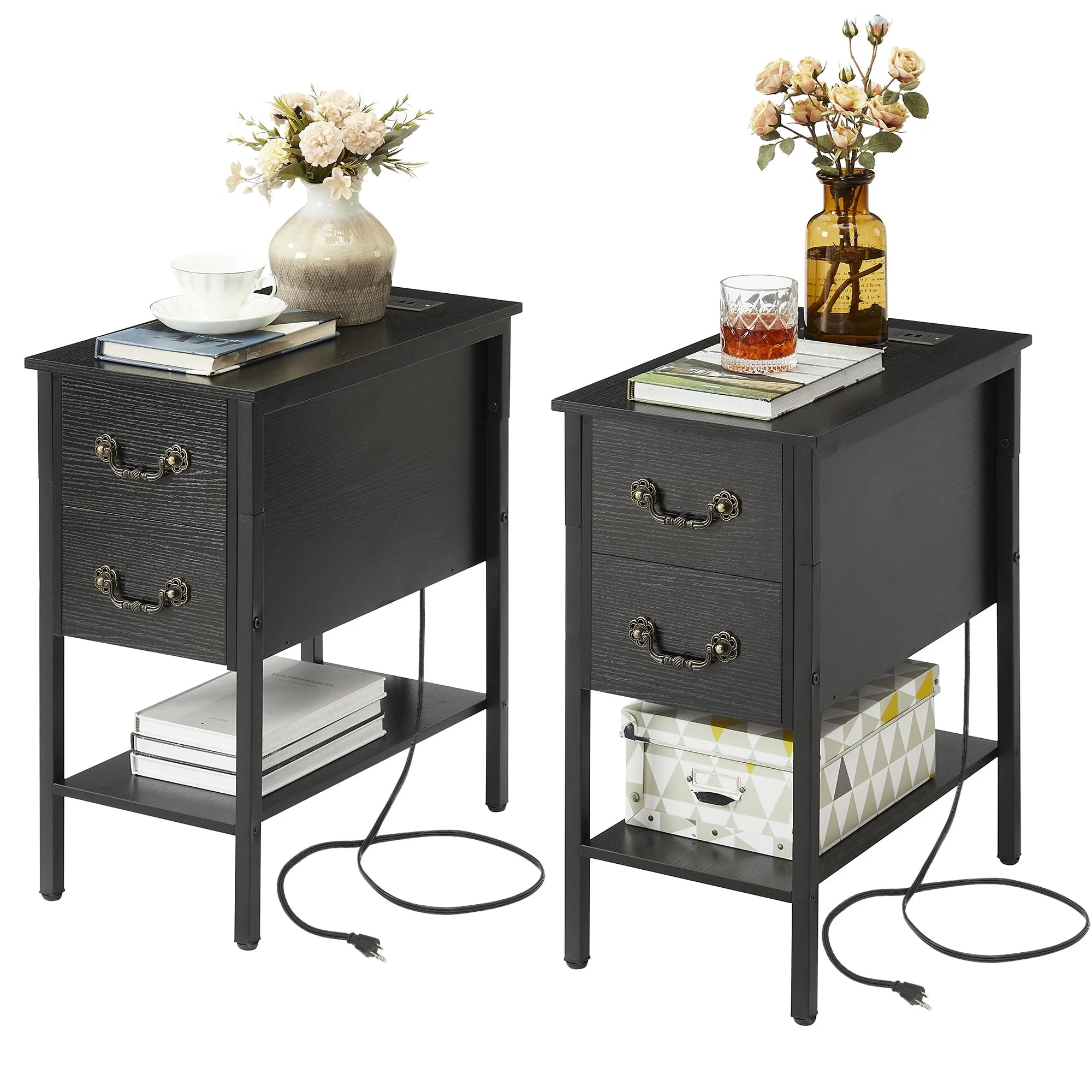 Narrow End Table with Charging Station, Chairside Table with Drawers, USB Ports and Power Outlets - Image 4