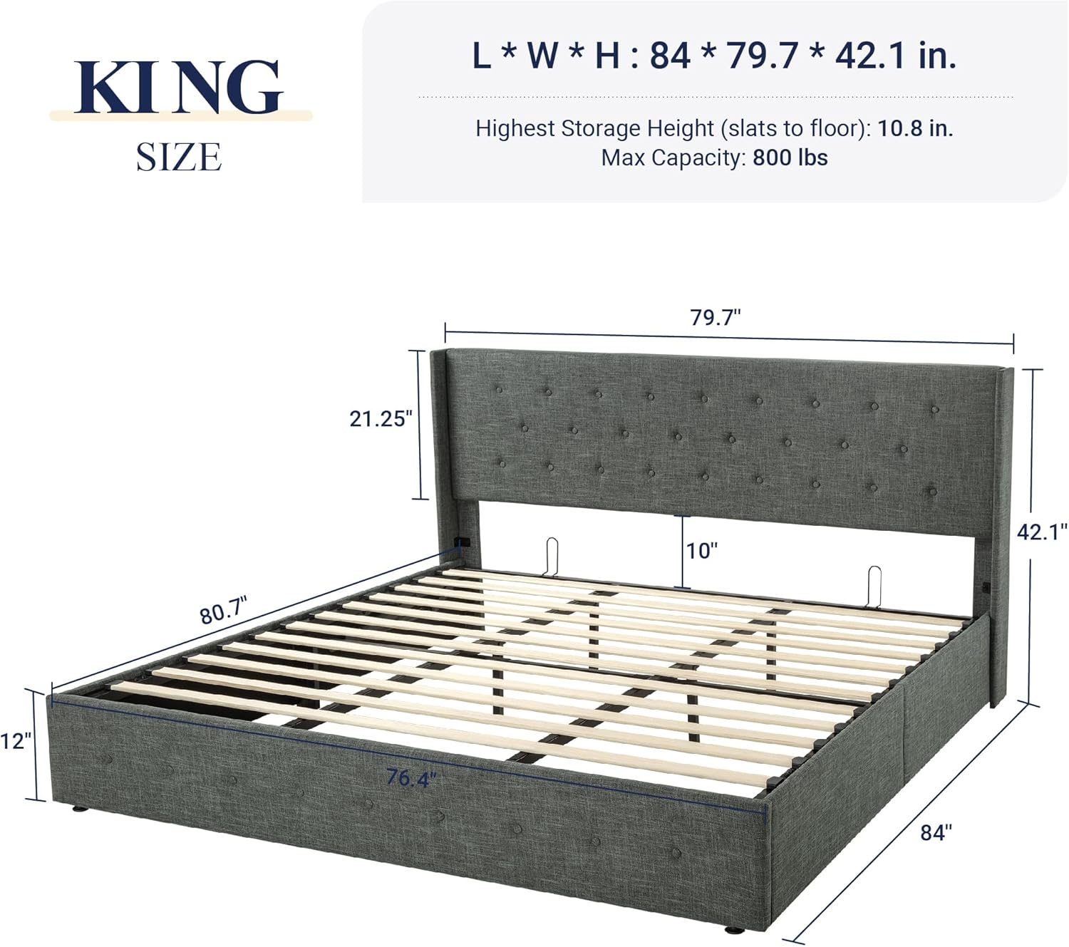 Queen Size Lift Up Storage Bed with Wingback Headboard, Upholstered Platform Bed Frame with Hidden Storage - Image 73