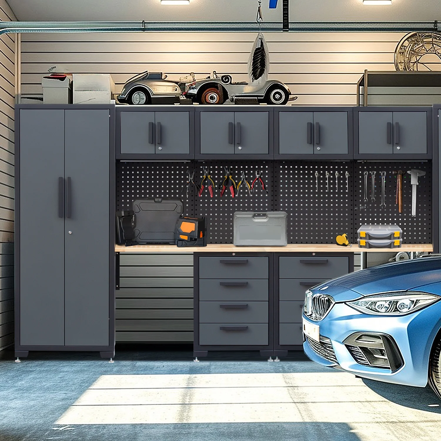 HPDMC Garage Storage Cabinet System 7-Pcs Workshop Set Metal Garage Cabinets System with Steel Cabinet Drawers, Workbench, Pegboard for Garage Tool Organization - Image 21