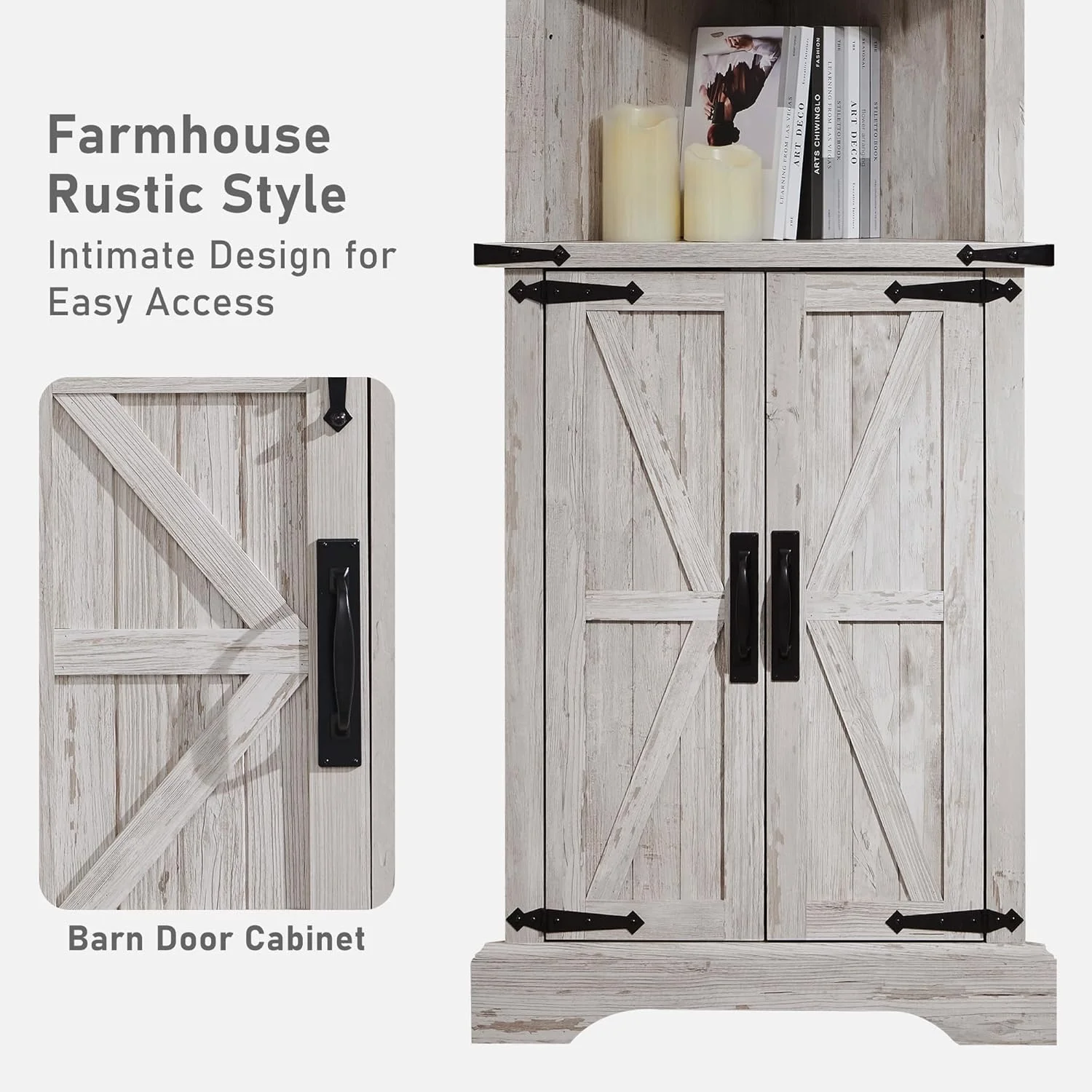 OKD Farmhouse Tall Corner Cabinet with Barn Door & Adjustable Shelves, 68" Rustic Wood Corner Cabinet with Storage Cabinet for Bathroom, Kitchen, Antique White - Image 32