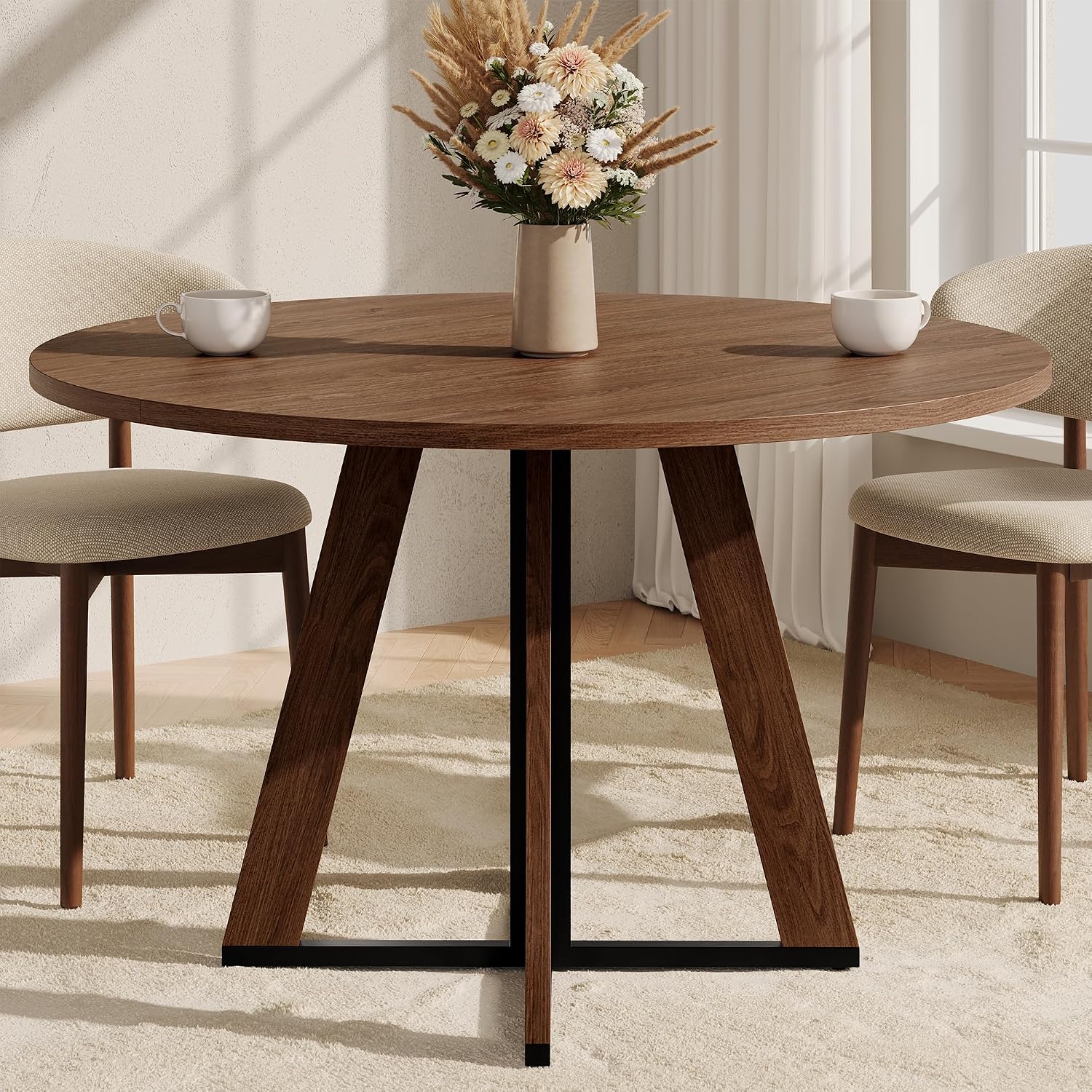31.5 inch Round Dining Table for 2 4, Farmhouse Kitchen Table, Round Dining Room Table with Metal Legs for Small Spaces & Apartment, Space-Saving Circle Wood Dinner Table, Walnut - Image 6