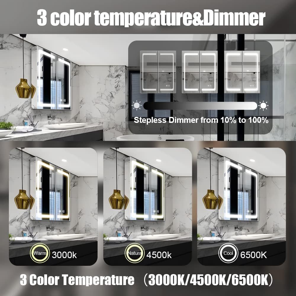 24 Inch x 28 Inch Illuminated LED Mirror Cabinet for Bathroom, Stainless Steel Wall Mounted Medicine Cabinet with Double Touch Switches for Color Change, Dimmer & Anti-Fog Function - Image 3