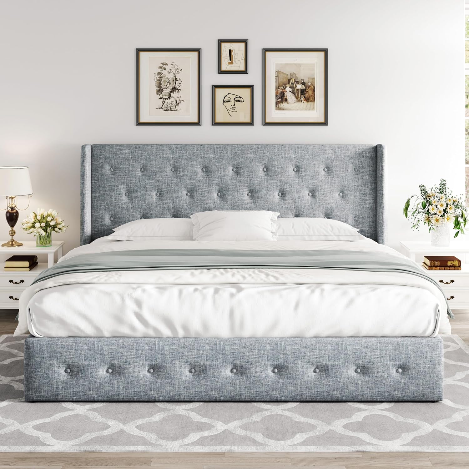 Queen Size Lift Up Storage Bed with Wingback Headboard, Upholstered Platform Bed Frame with Hidden Storage - Image 70