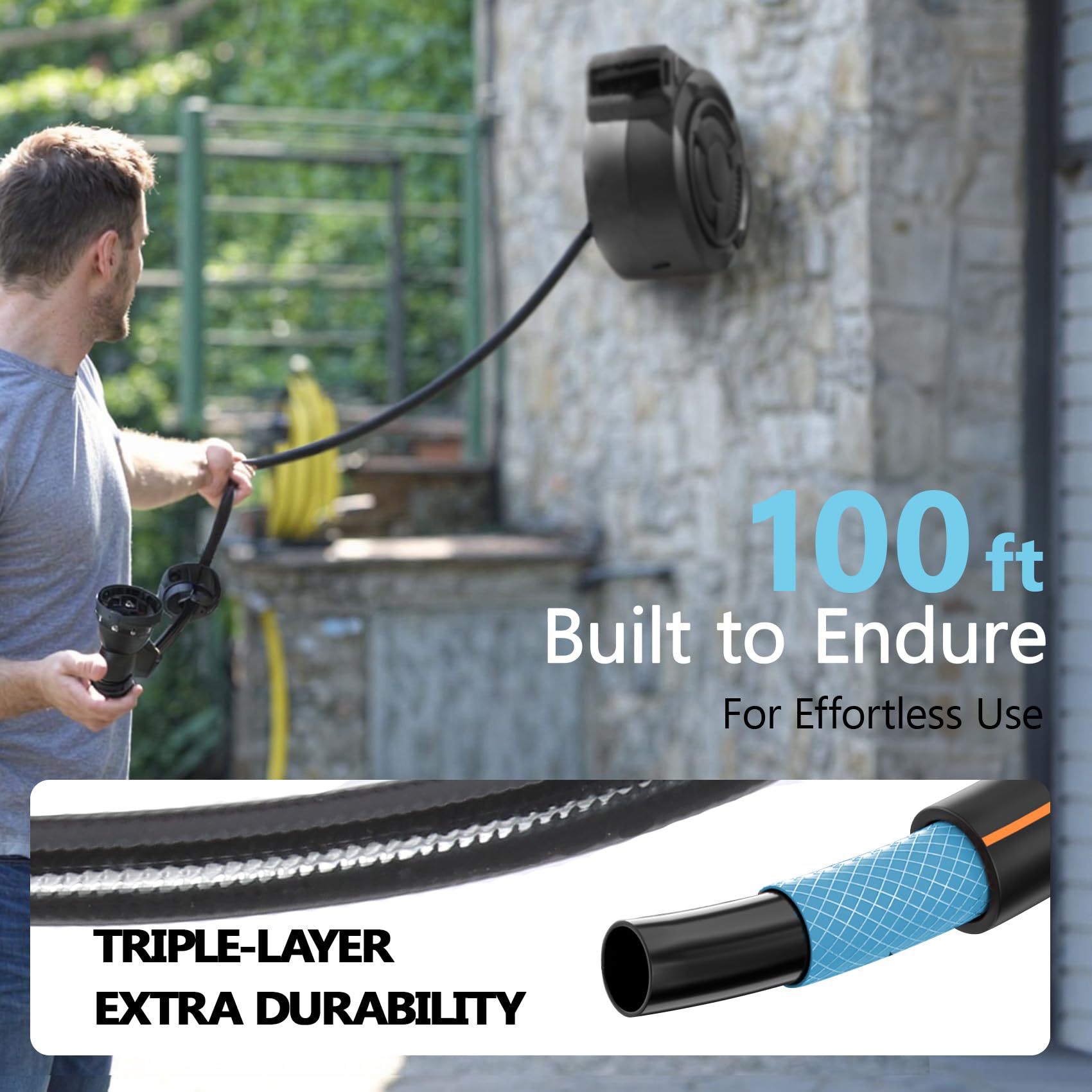 100 ft Wall Mounted Garden Hose Reel, 1/2 Inch Hose with 180° Swivel - Image 5