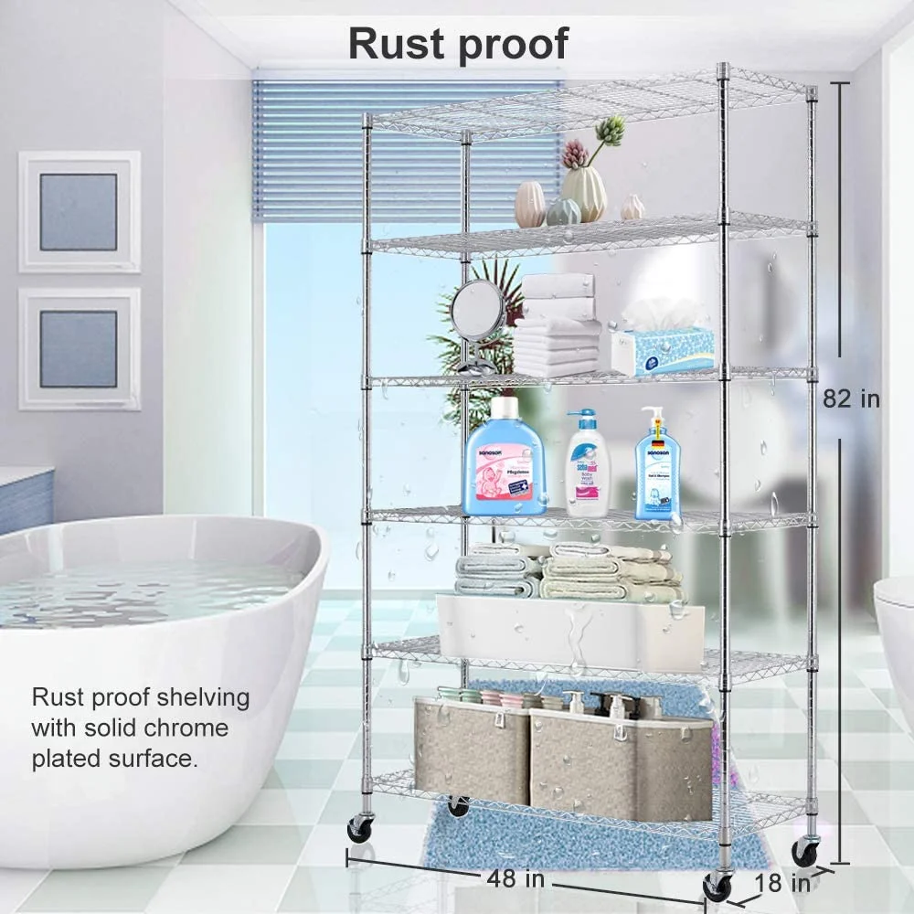 6 Tier Layer Wire Shelving Unit Heavy Duty Adjustable Storage Shelves with Wheels Easy to Assemble Metal Wire Shelf Standing Garage Shelves Multifunctional Storage Rack Grade Utility Shelf Rack - Image 5