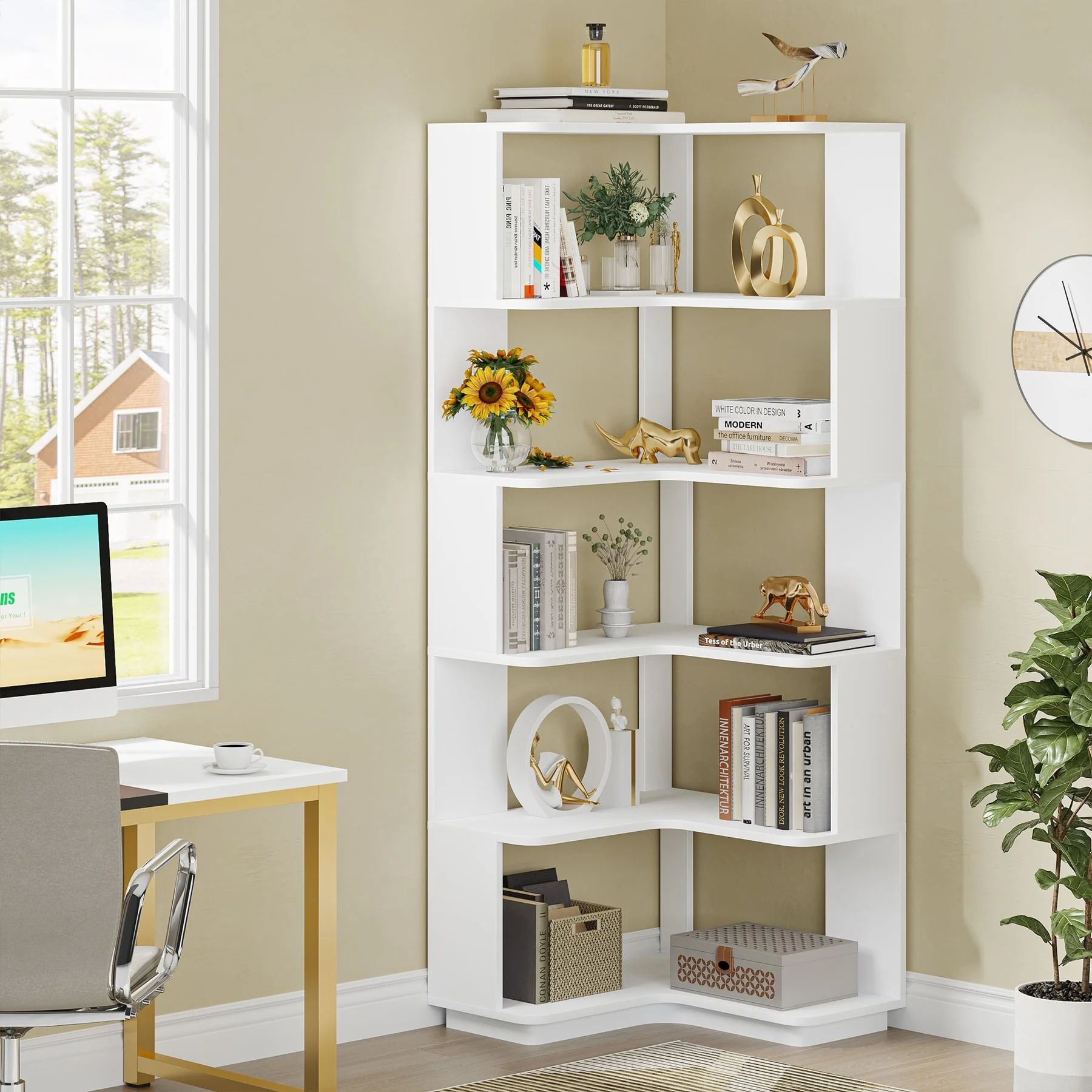 64.9 Inch Tall 6-Tier Corner Bookshelf, Freestanding Wood Industrial Bookcase - Image 22