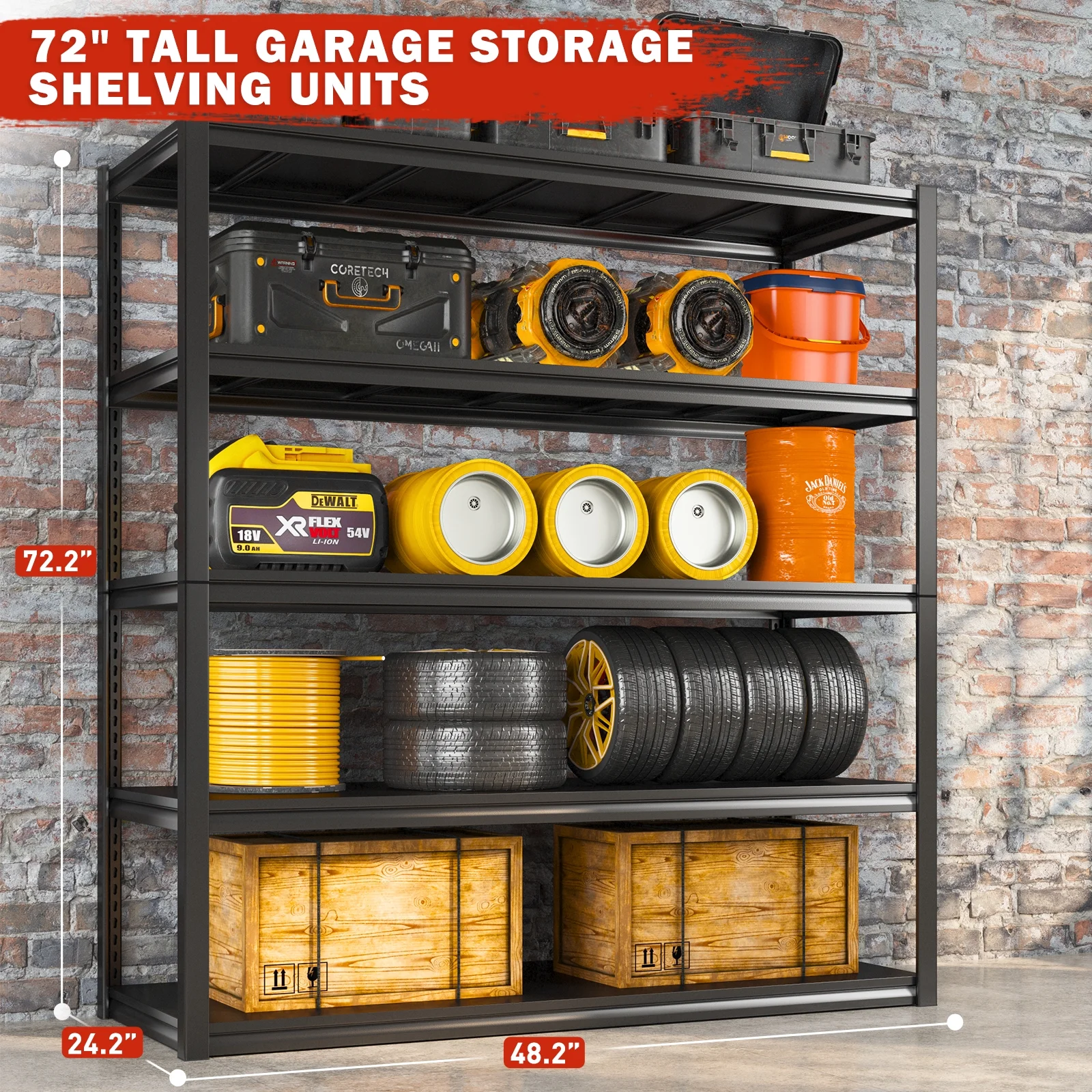 REIBII 48.2"W Garage Shelving Heavy Duty 3000LBS Storage Shelves Adjustable 5 Tier Metal Shelving,48.2''L X 24.5''W X 72''H - Image 12