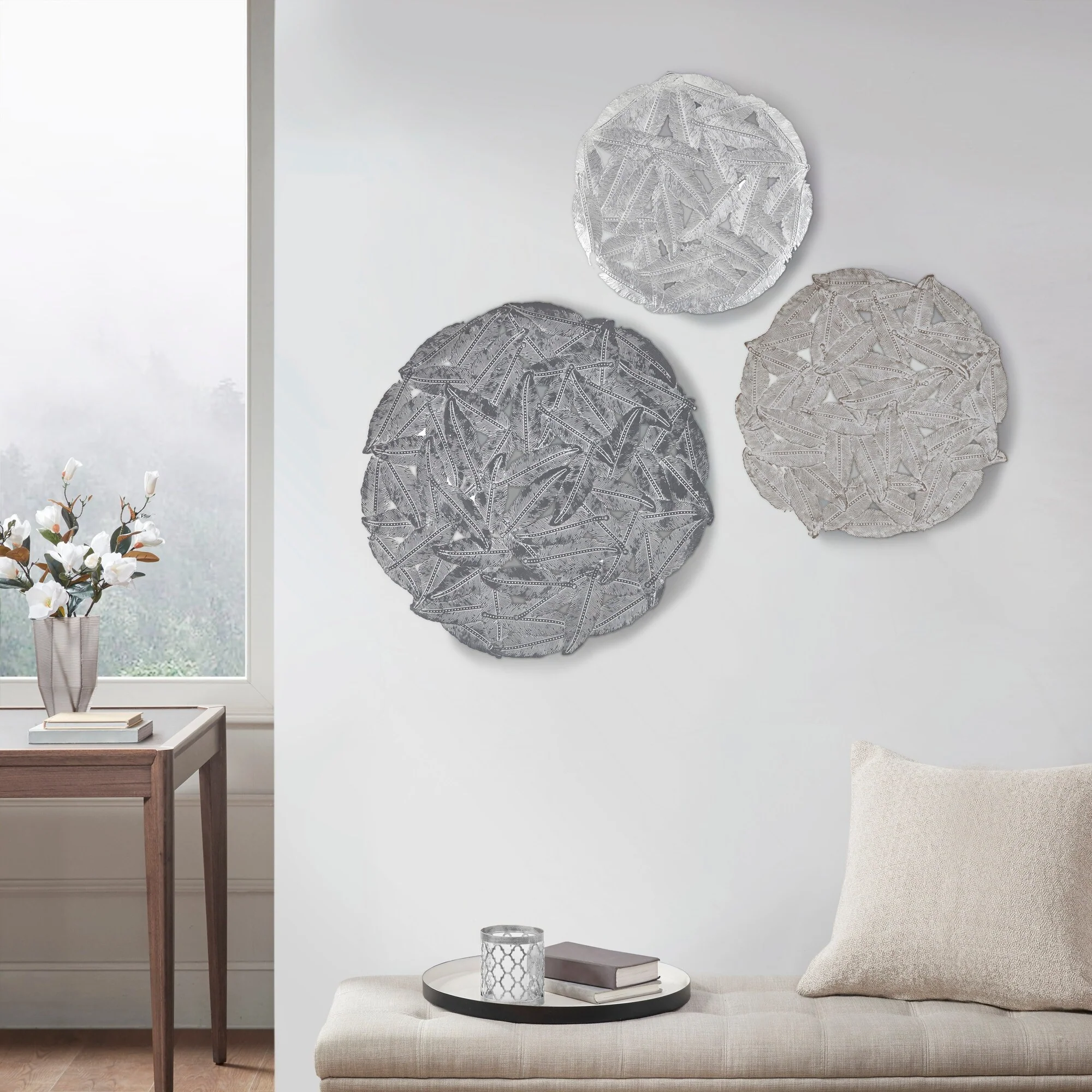 Textured Feather 3-Piece Metal Disc Wall Decor Set, Decorative Wall Art for Home - Image 41