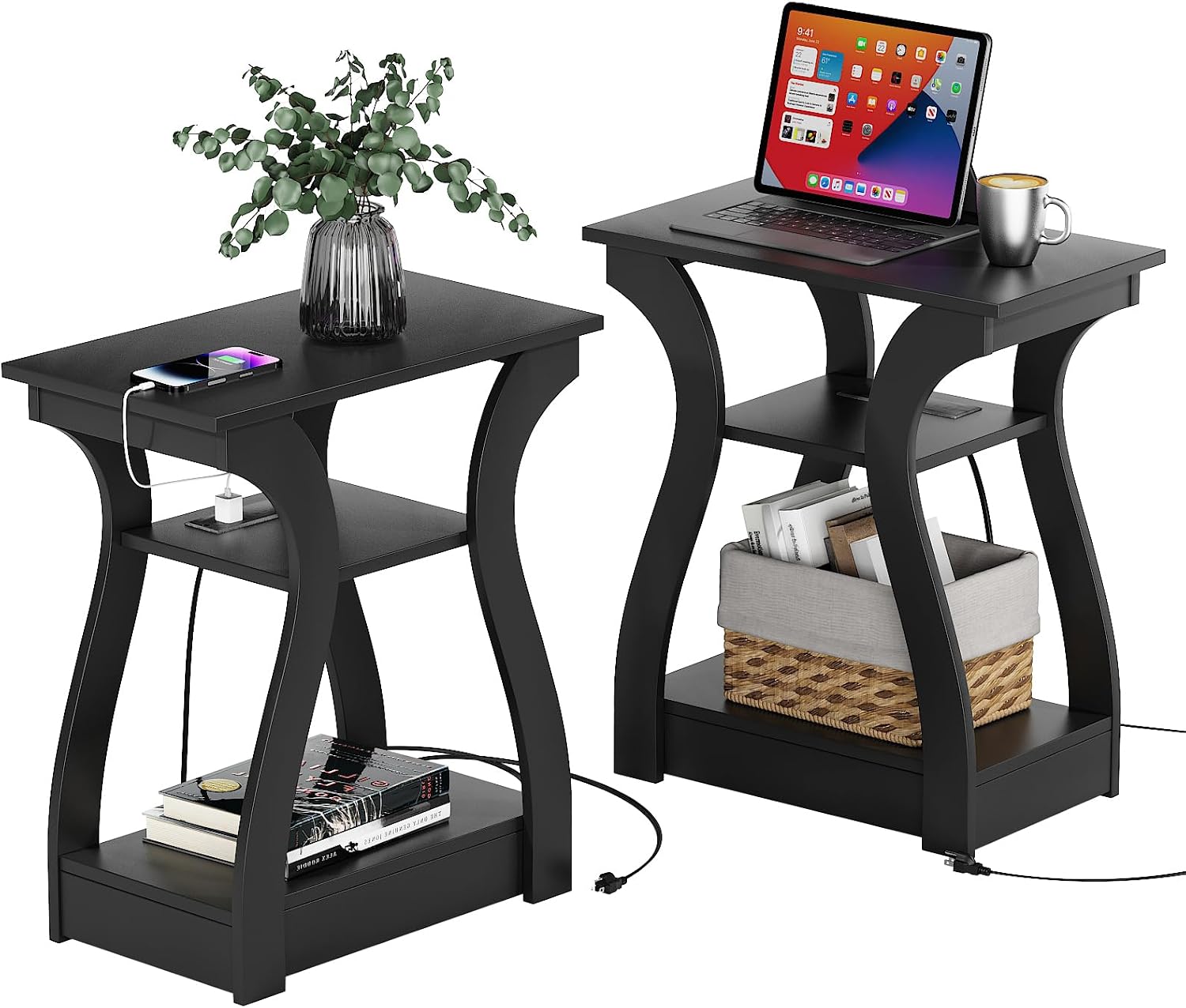 End Tables Living Room Set of 2 with Charging Station, Grey - Image 8