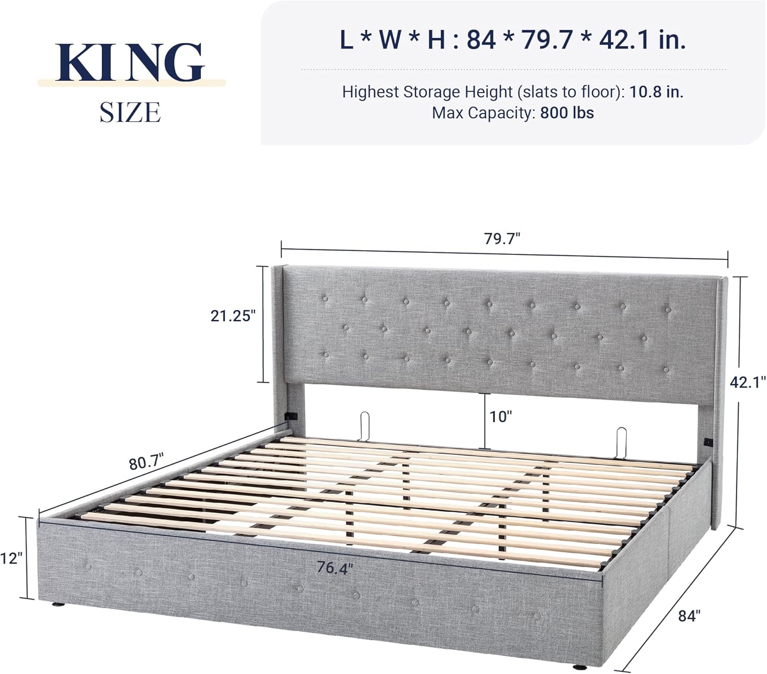 Queen Size Lift Up Storage Bed with Wingback Headboard, Upholstered Platform Bed Frame with Hidden Storage - Image 79