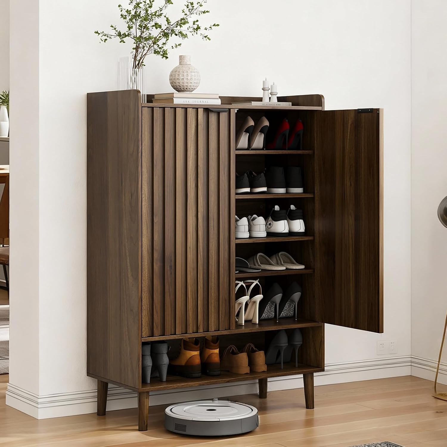 Shoe Cabinet with 2 Flip Drawers, 23.6" Natural Hidden Shoe Storage Cabinet with Fluted Design, Freestanding Shoe Organizer Cabinet for Entryway, Hallway, Closet, Living Room