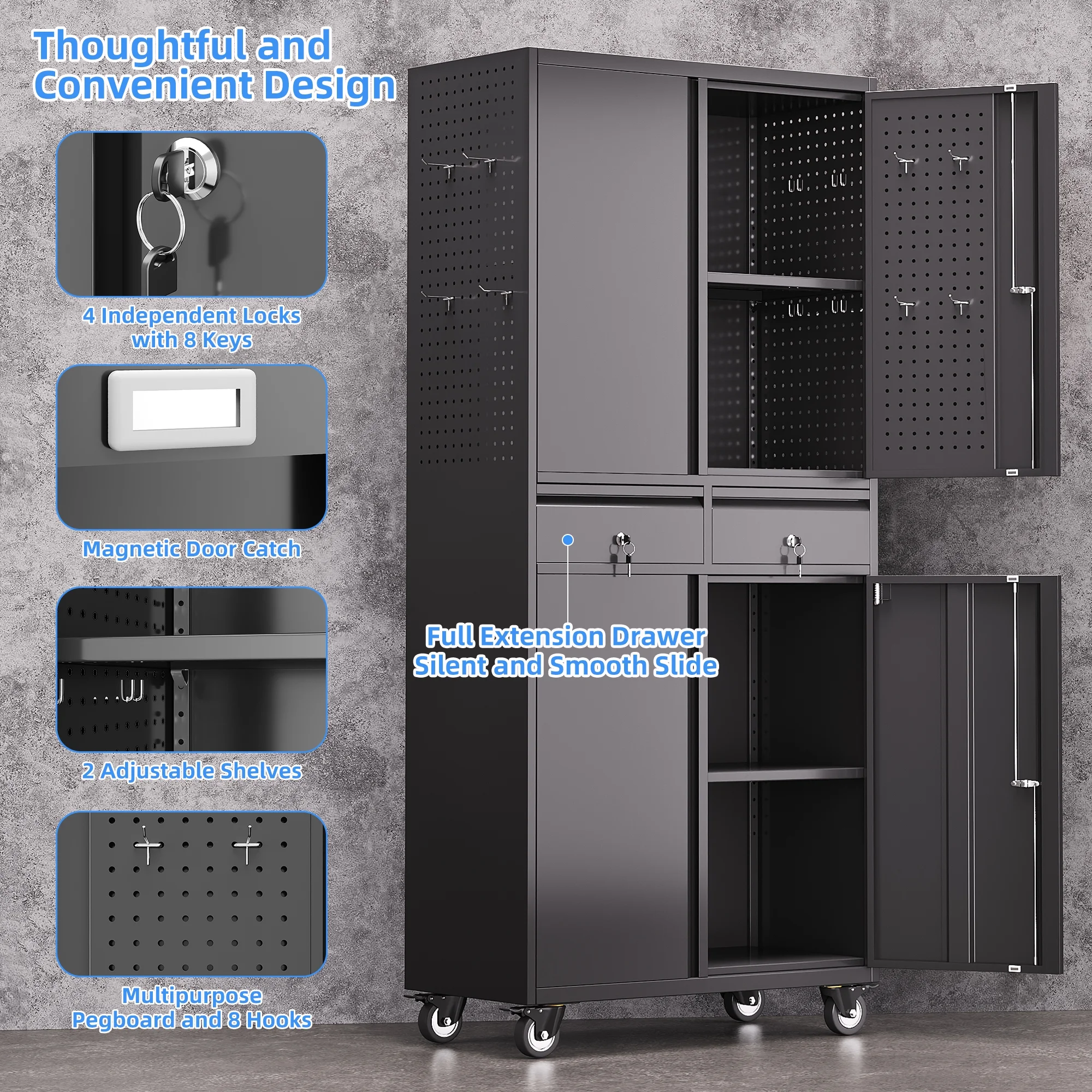 Gaeanet Rolling Tool Storage Cabinet with 5 Adjustable Shelves and Pegboard,Metal Garage Storage Cabinet with Wheels for Garage Home Office Utility Room,71" H-32" W-16" D,Required Assembly, Black - Image 58