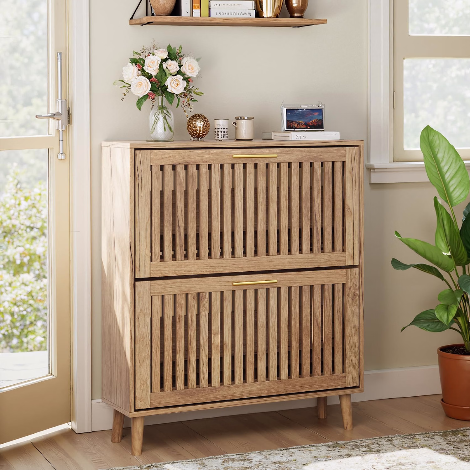 31.5" W Shoe Cabinet Storage for Entryway with 2 Flip Drawers, Shoe Cabinet with Slatted Panel, Hidden Shoe Rack Freestanding Slim Shoes Organizer for Hallway, Entrance, Walnut - Image 2