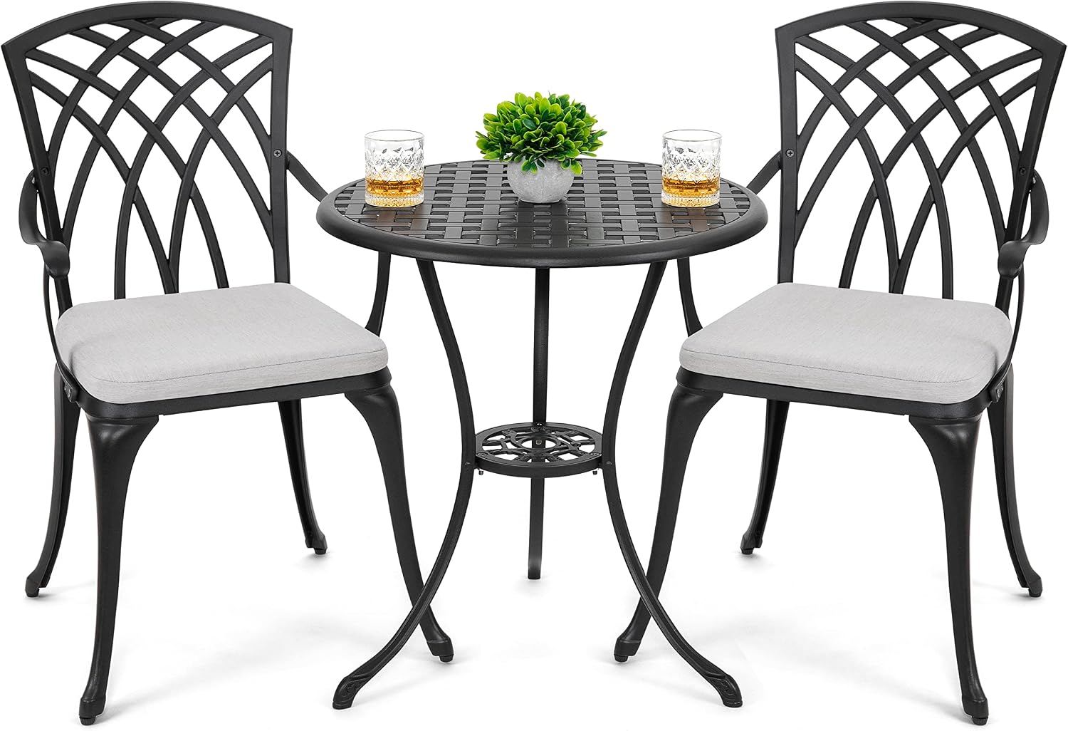 Bistro Set 3 Piece Outdoor Cast Aluminum Patio Bistro Set, Patio Table and Chairs Set of 2 with Umbrella Hole and Gray Cushions, Black - Image 2