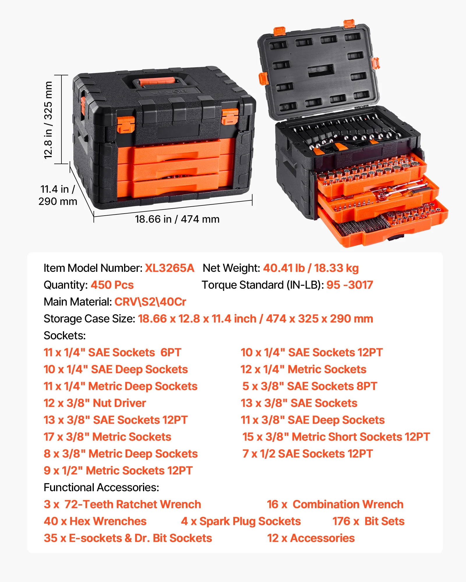 VEVOR Mechanics Tool Set and Socket Set,450 Pcs, 1/4, 3/8 and 1/2 inch Drive Deep and Standard Sockets, SAE Metric Mechanic Tool Kit with Bits, Wrenches, Accessories, Storage Case with Orange Drawer - Image 7