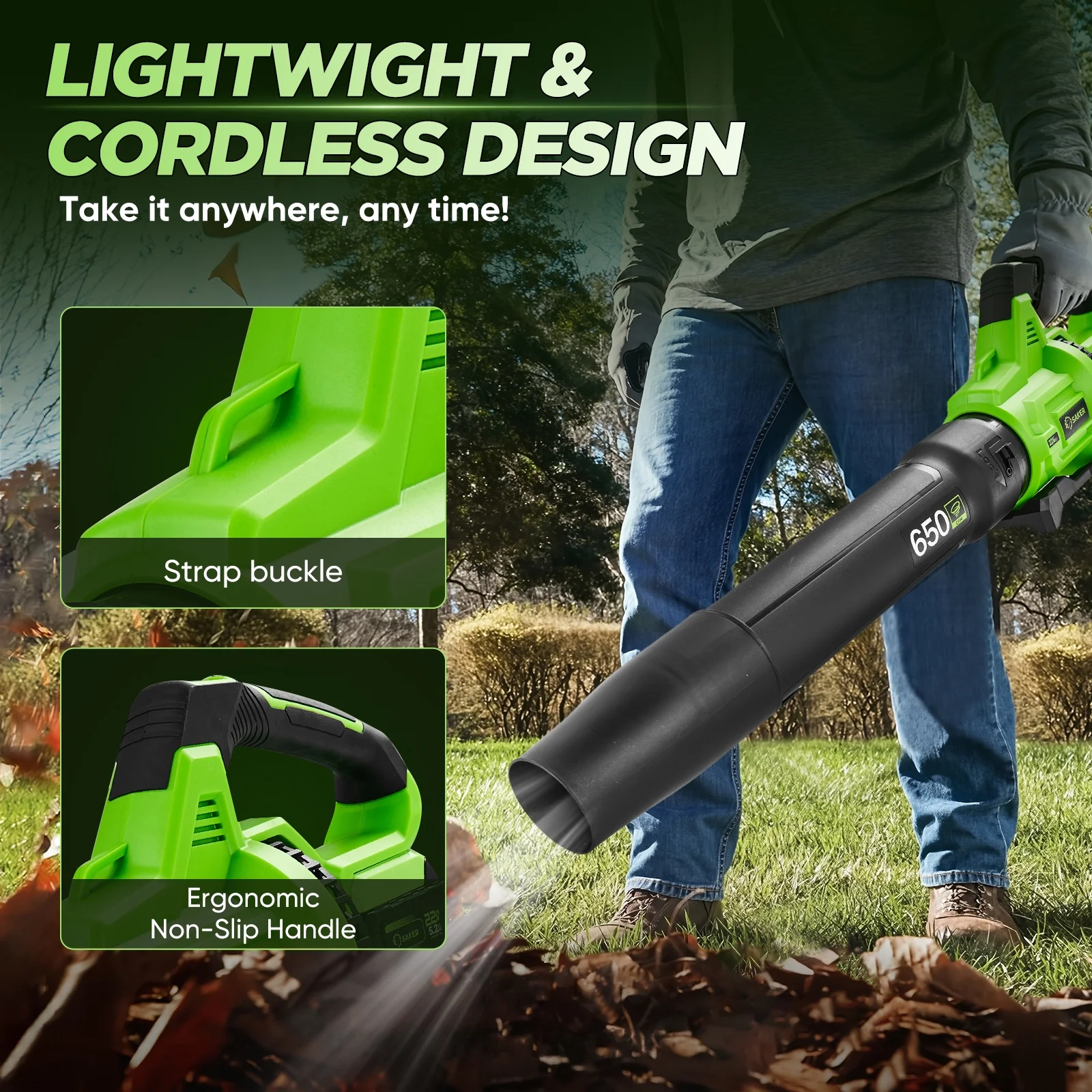 Saker Cordless Leaf Blower with 2x 5.2Ah Batteries, 650CFM, 150MPH, 3 Speed Levels, Electric Leaf Blower for Lawn Care, Leaves Blowing, Patio Cleaning - Image 8