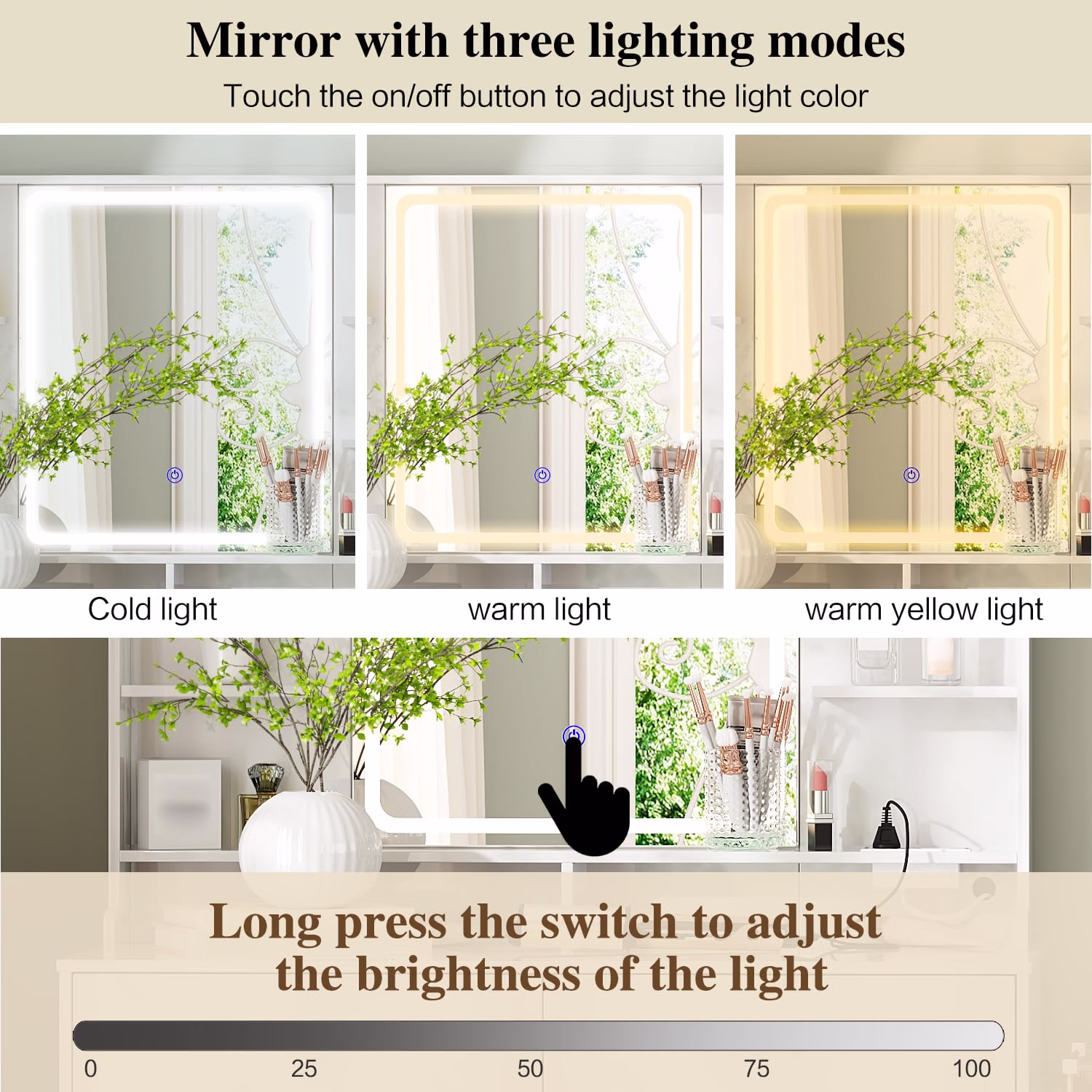 Makeup Vanity Desk with Mirror and Lights, Vanity Desk with 8 Drawers & Storage Shelves, Vanity Table with Power Outlet, 3 Color Modes & Adjustable Brightness Dressing Table, Bedroom, White - Image 4