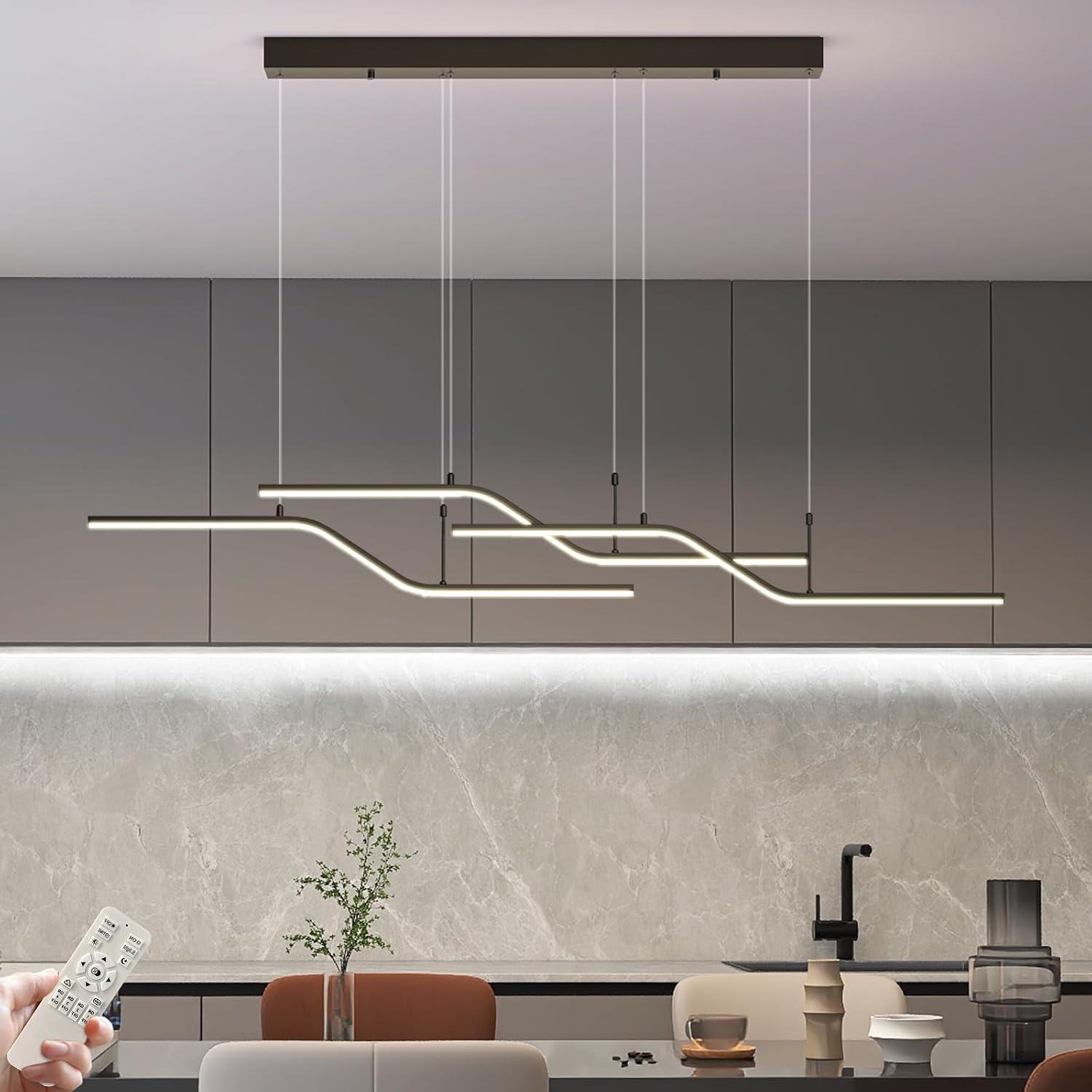 Modern Linear Chandelier, Dimmable LED Pendant Light with Remote - Image 12