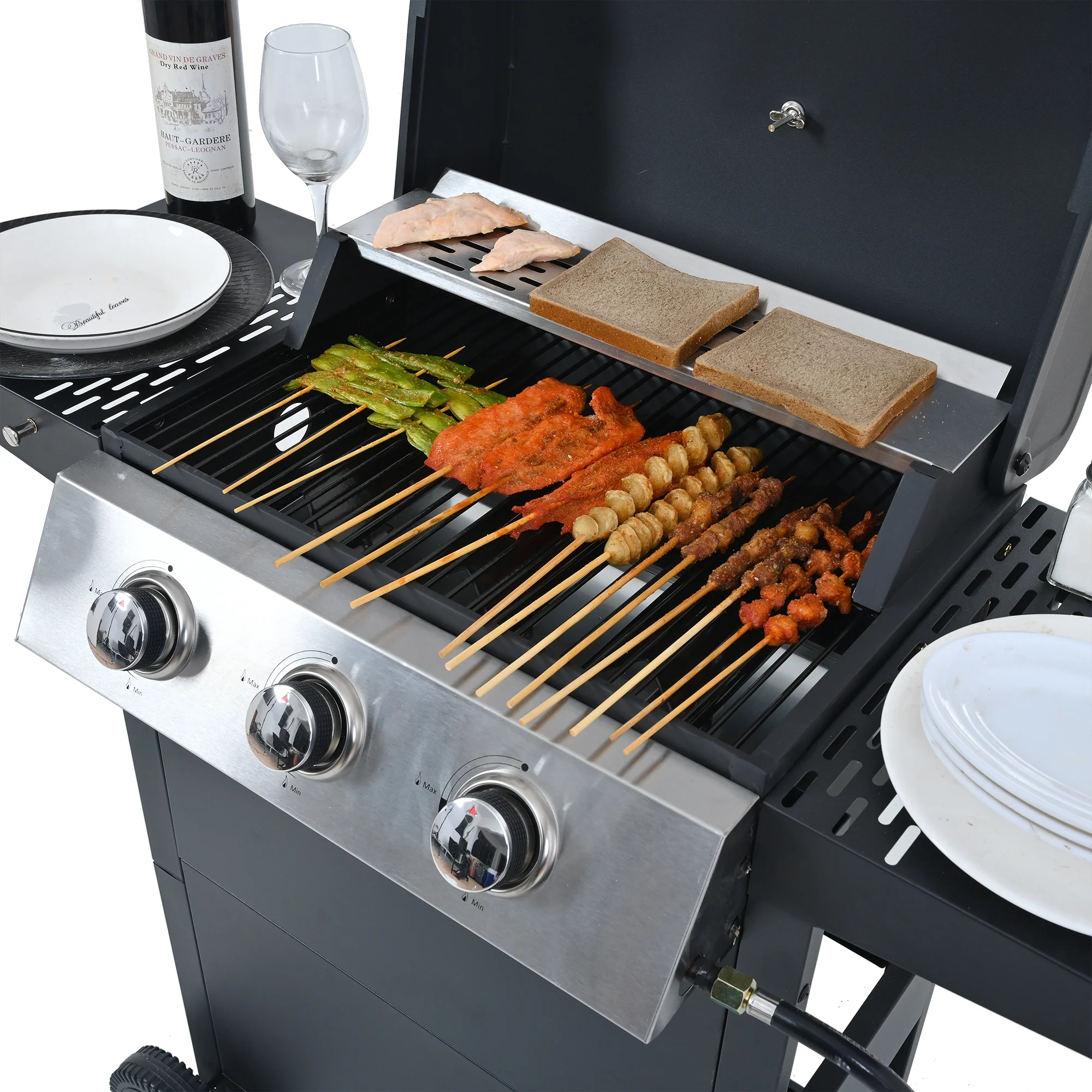 3 Burner BBQ Propane Gas Grill, Stainless Steel 30,000 BTU Patio Garden Barbecue Grill with Two Foldable Shelves - Image 5