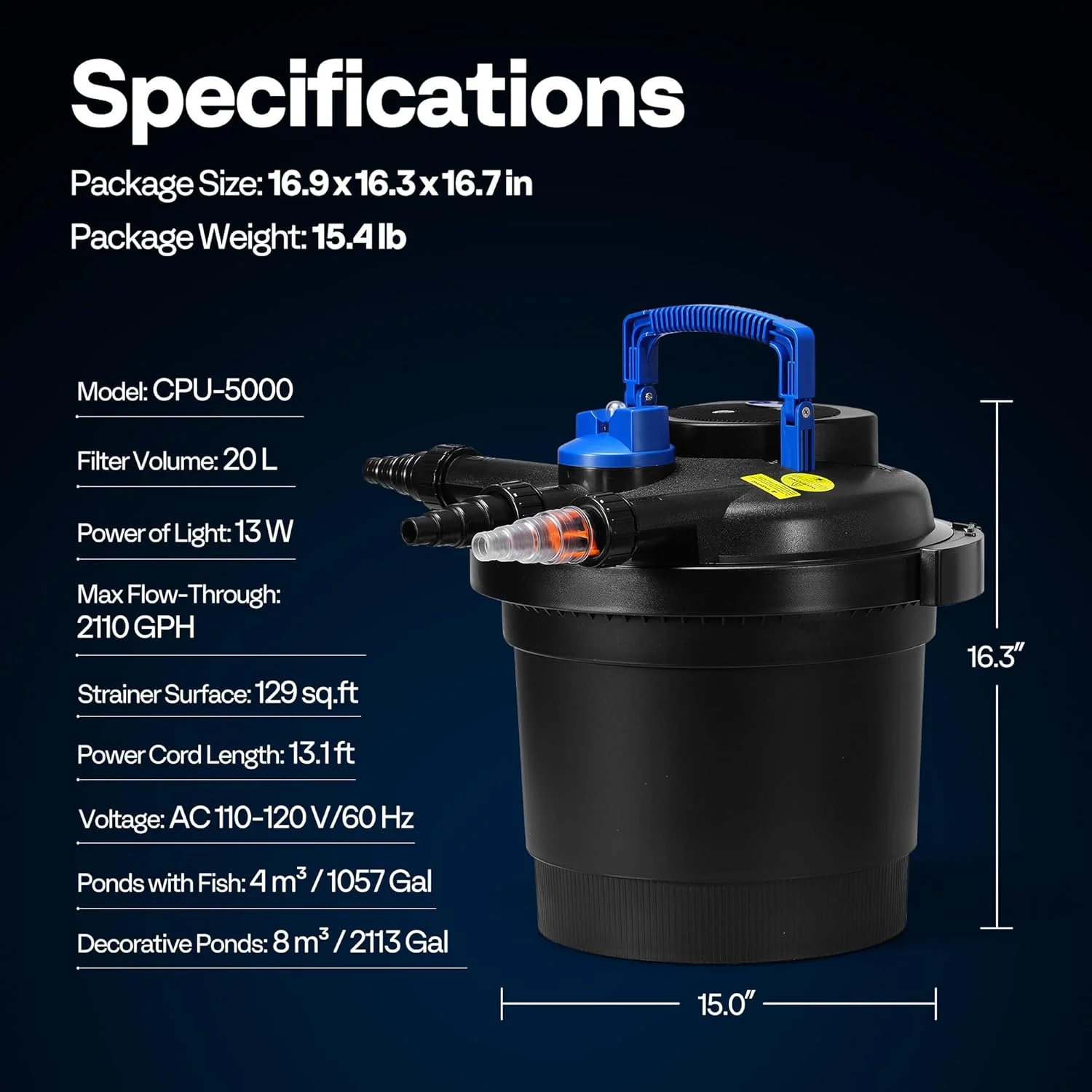 SPECSTAR 2110GPH Auto-Cleaning Pressurized Bio Pond Filter with 13W Light, Timer, Multi-Size Adapters for Koi Ponds up to 1057 Gallons or Ornamental Ponds up to 2113 Gallons - Image 15