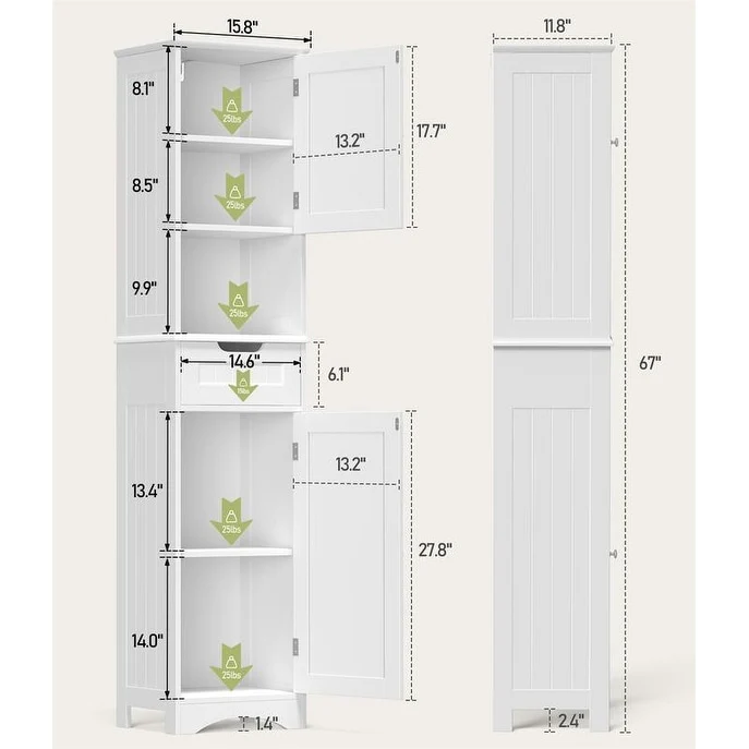 67 Inch Tall Narrow Bathroom Linen Cabinet, 5-Tier Solid Wood Freestanding Storage Cabinet - Image 10