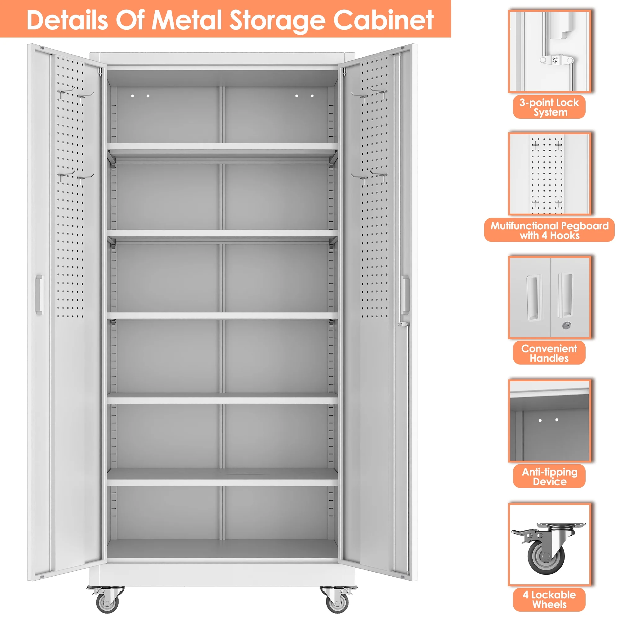 SUXXAN Metal Rolling Cabinet with 2 Swing Doors, Adjustable Shelve, Storage Tool Chest for Garage Utility Room, White - Image 109