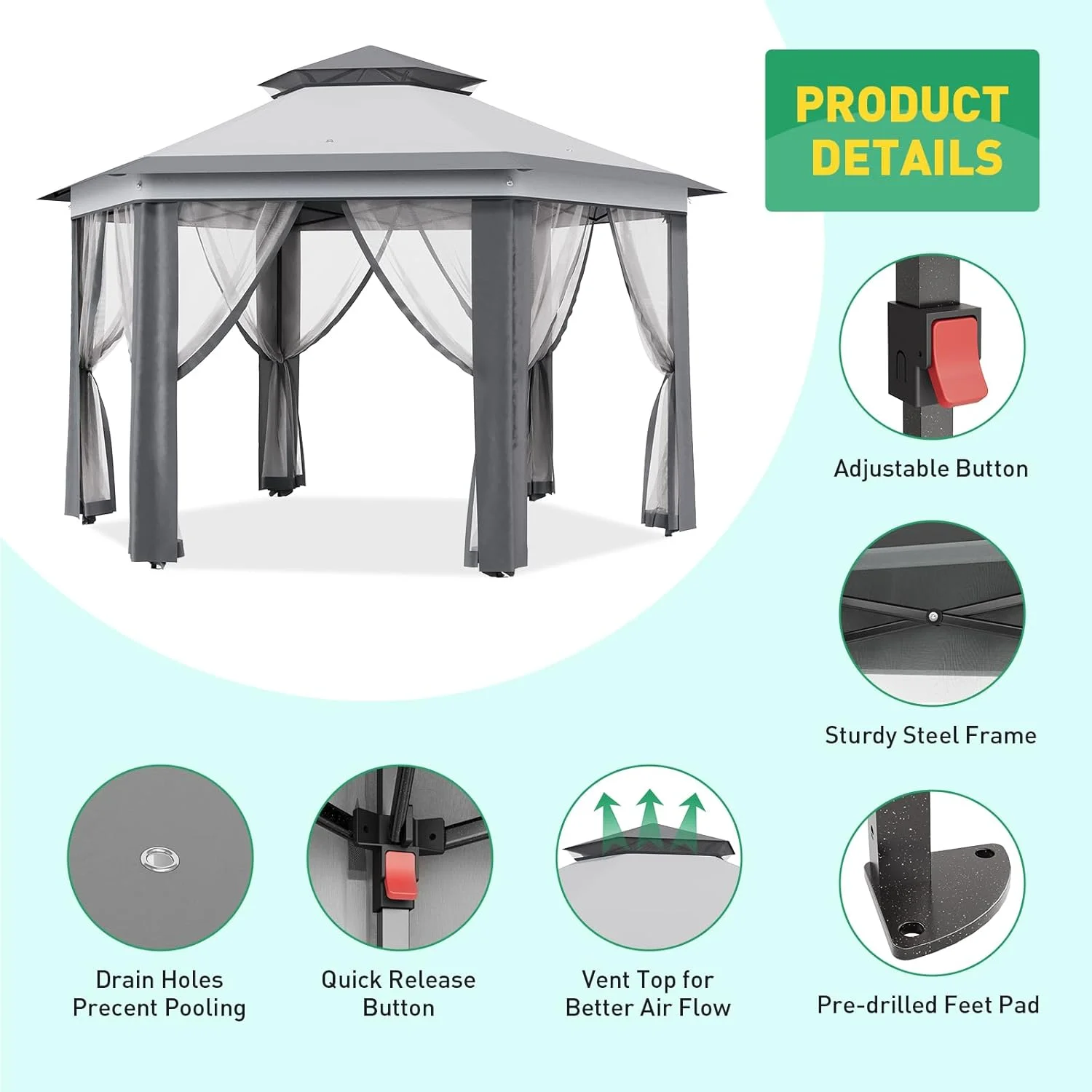 Pop Up Gazebo 13x13ft, Hexagonal Outdoor Canopy Shelter, Instant Patio Gazebo Tent with Mesh Netting and Strong Steel Frame for Patio Backyard Garden Wedding Party - Image 18